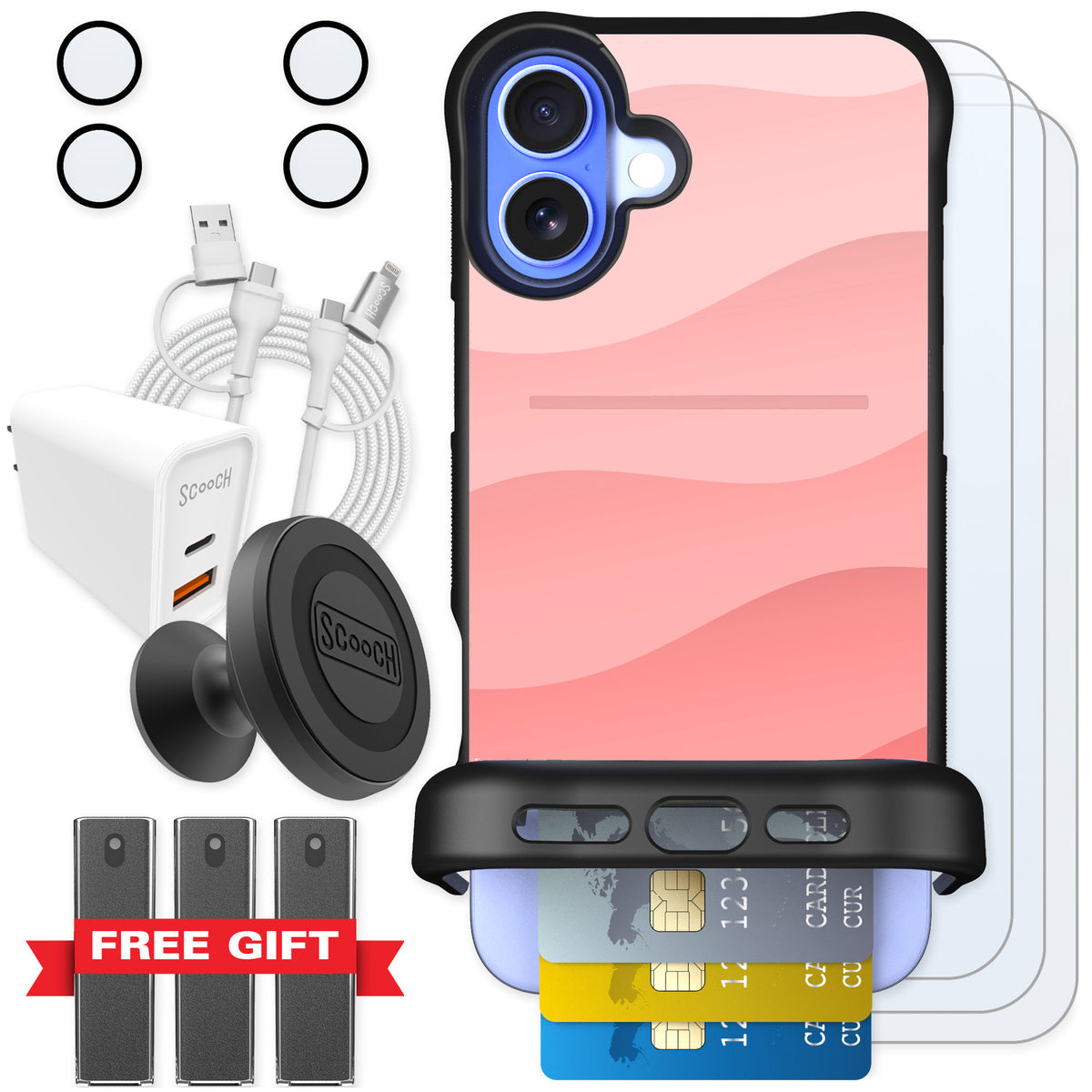 Scooch Wingmate Pink Waves for iPhone 16 Plus — Ultimate Bundle
