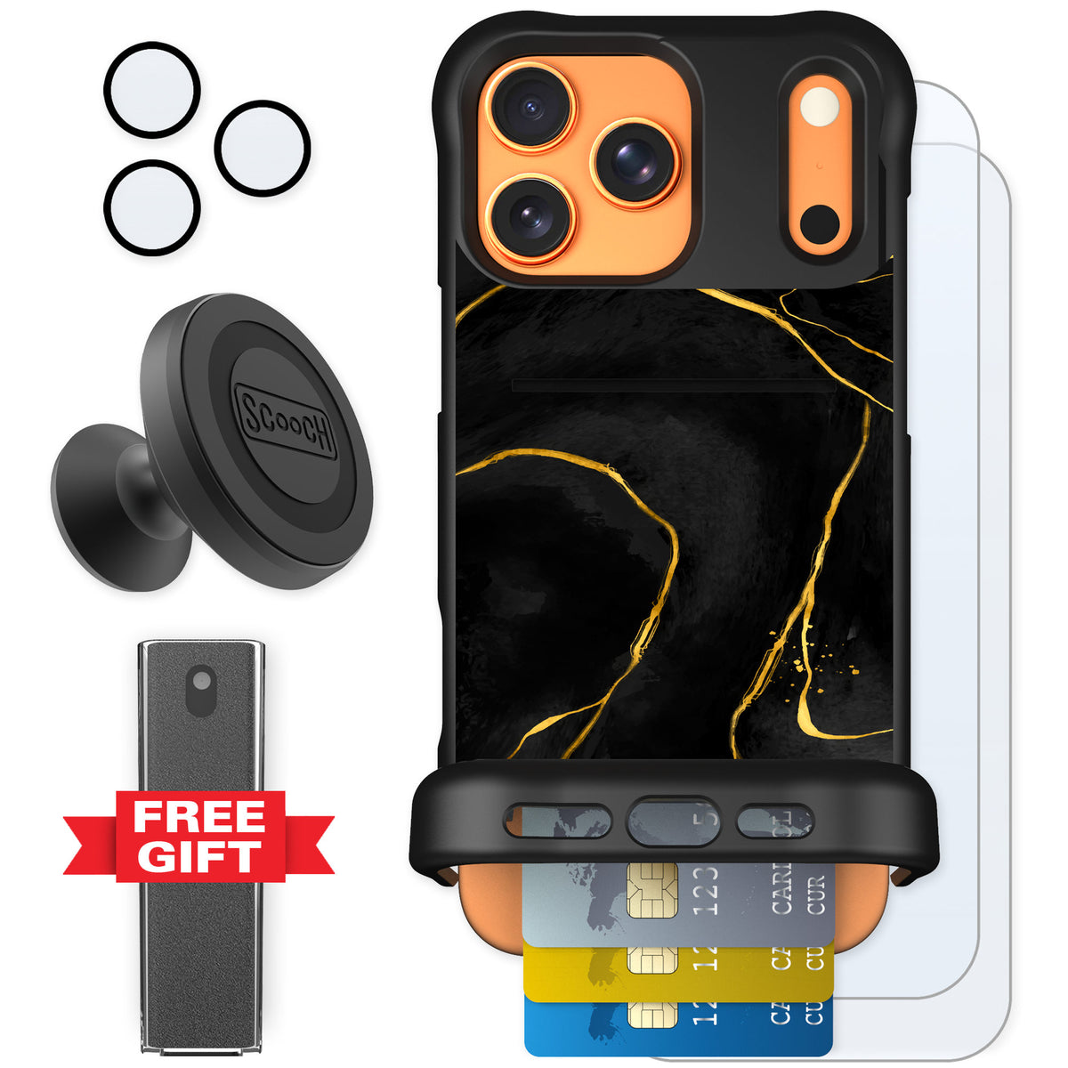 Scooch Wingmate Black Marble for iPhone 17 Pro Max — Defender Bundle