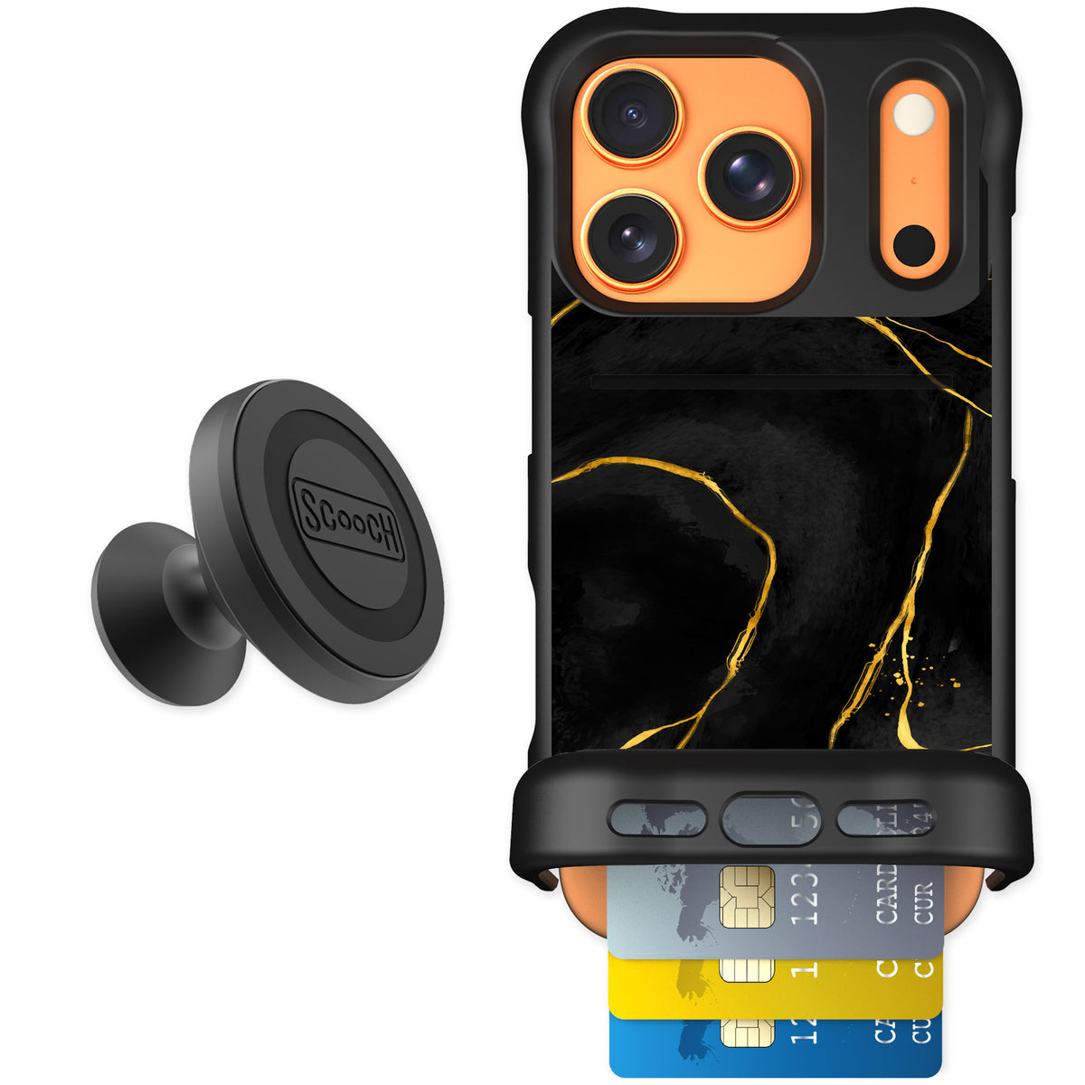 Scooch Wingmate Black Marble for iPhone 17 Pro — Starter Bundle