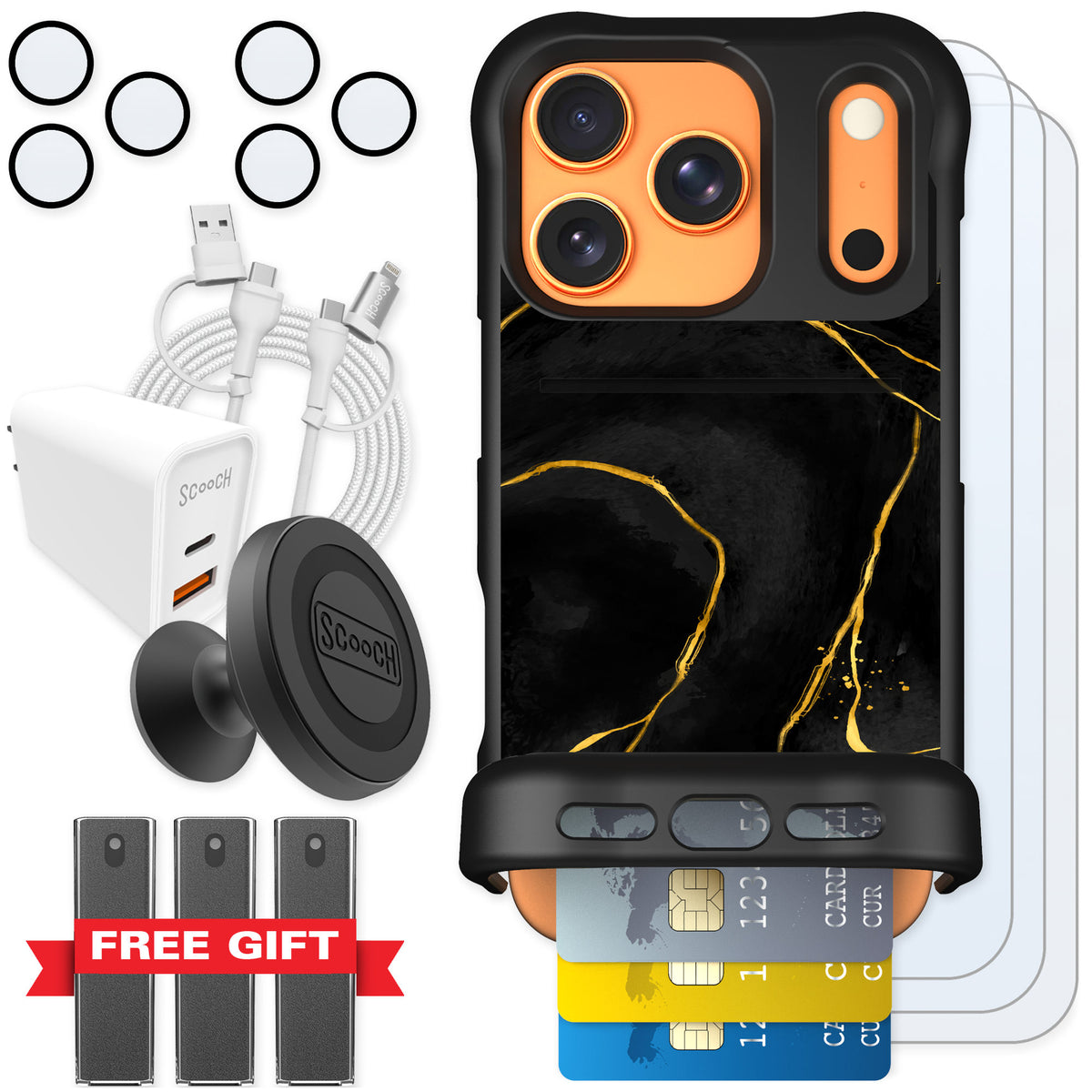 Scooch Wingmate Black Marble for iPhone 17 Pro — Ultimate Bundle