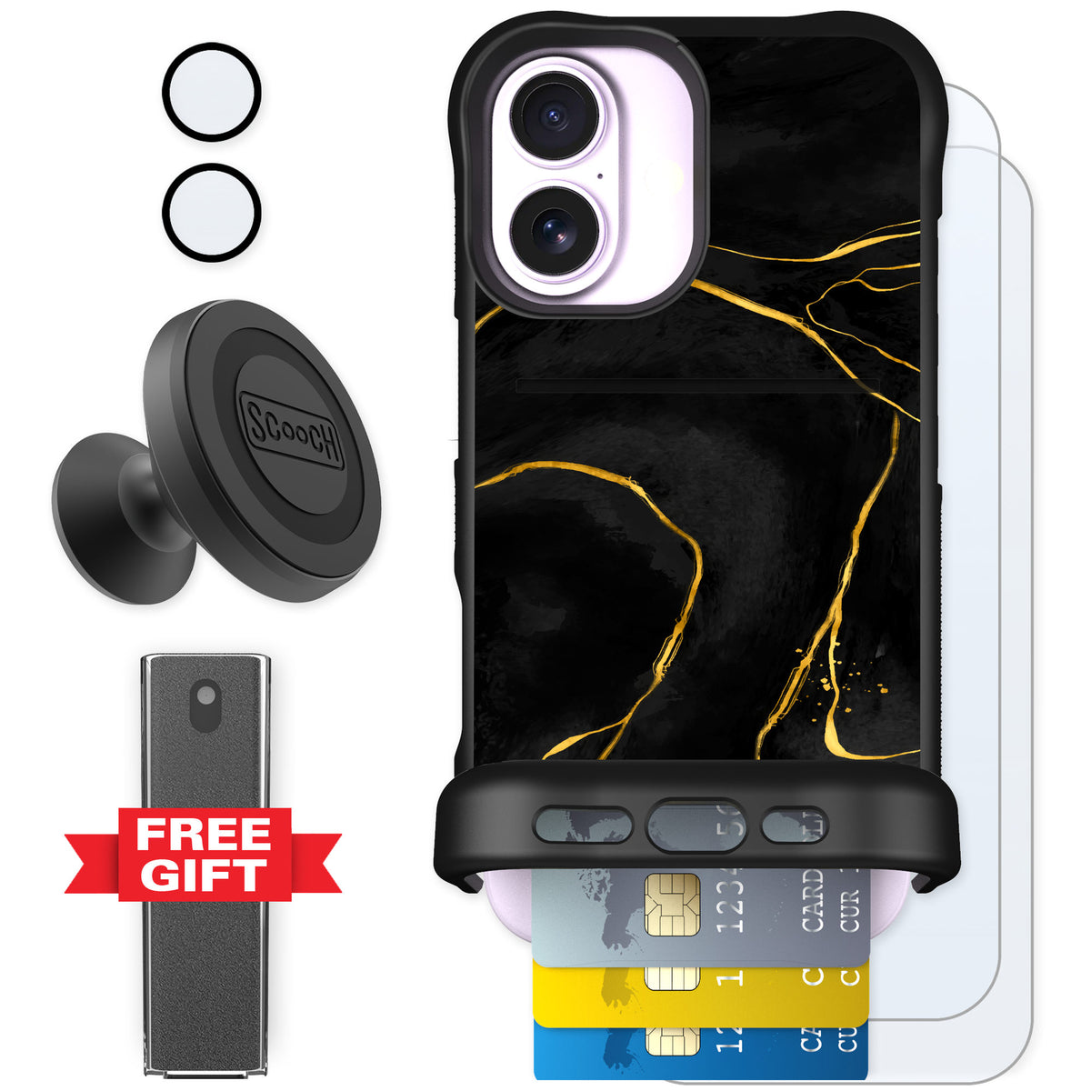 Scooch Wingmate Black Marble for iPhone 17 — Defender Bundle