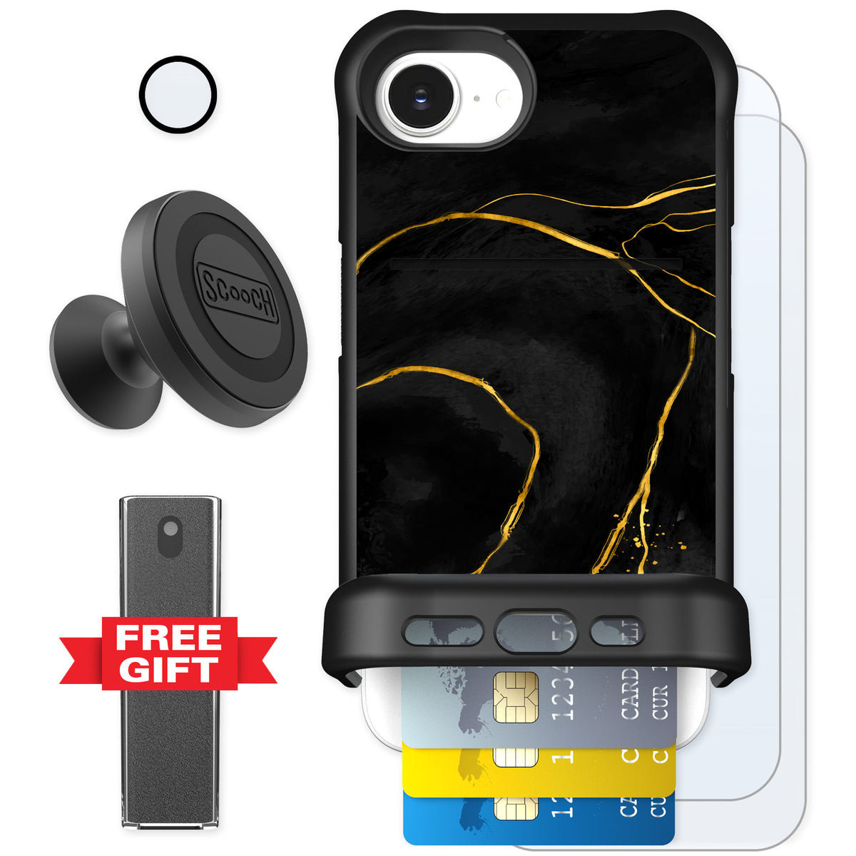 Scooch Wingmate Black Marble for iPhone 17e — Defender Bundle