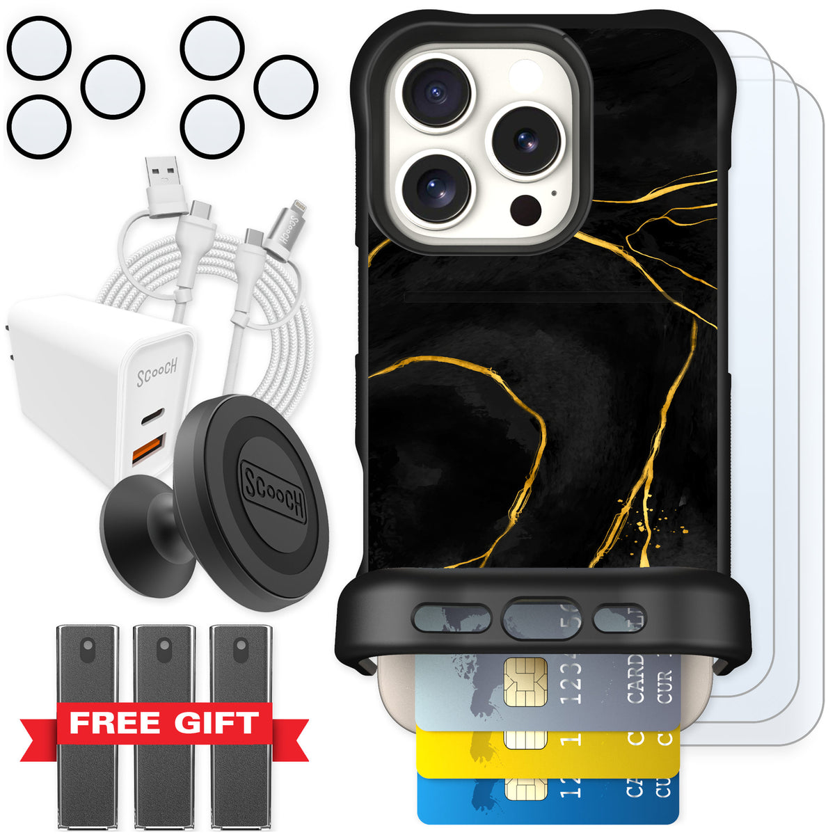 Scooch Wingmate Black Marble for iPhone 16 Pro — Ultimate Bundle