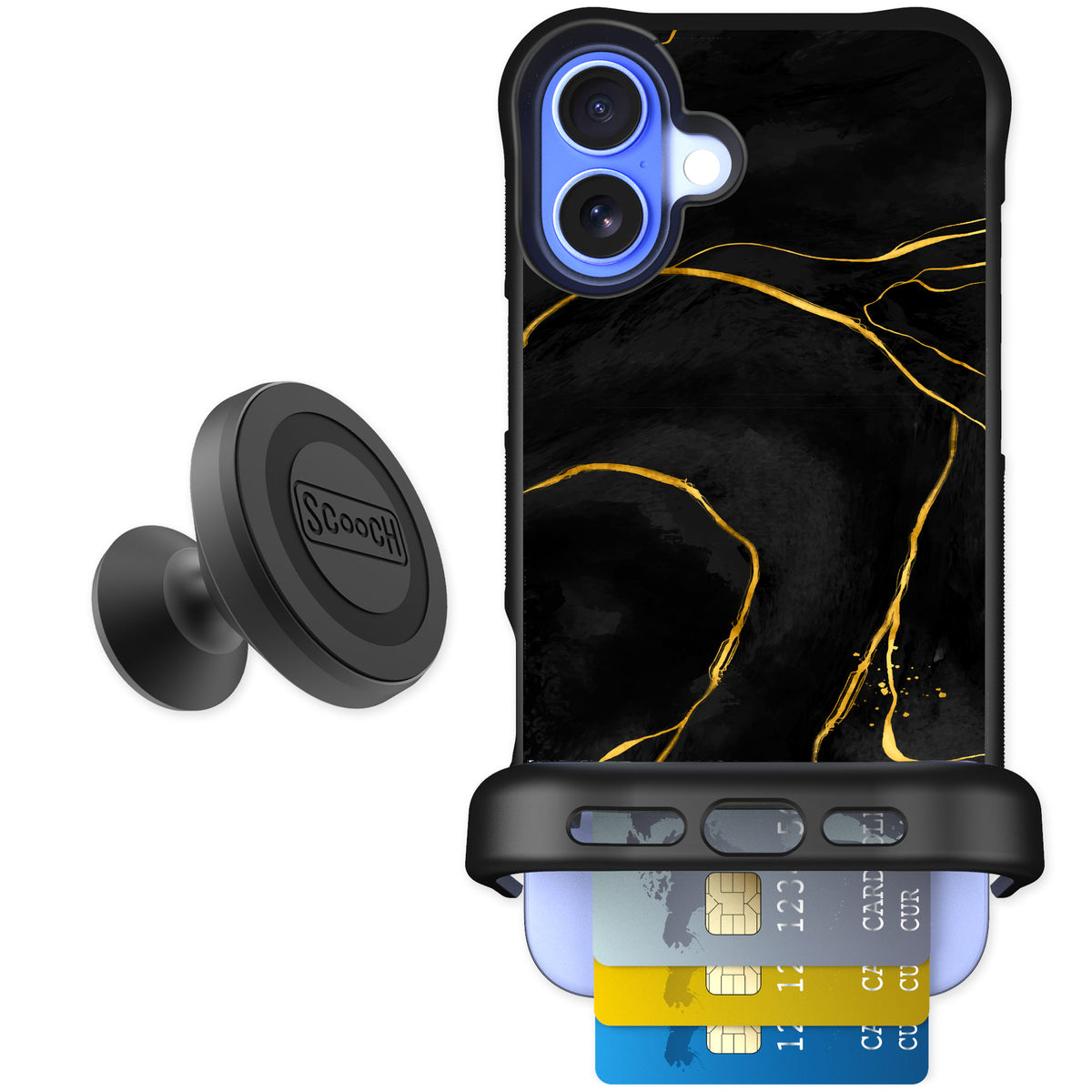 Scooch Wingmate Black Marble for iPhone 16 Plus — Starter Bundle