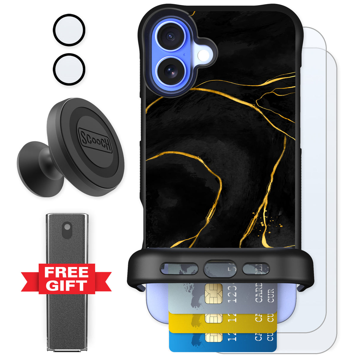 Scooch Wingmate Black Marble for iPhone 16 Plus — Defender Bundle