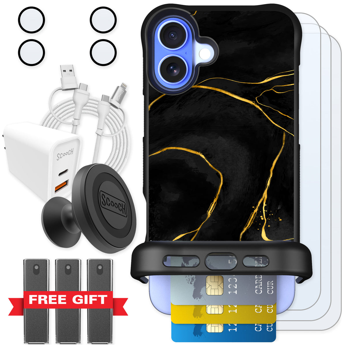 Scooch Wingmate Black Marble for iPhone 16 Plus — Ultimate Bundle