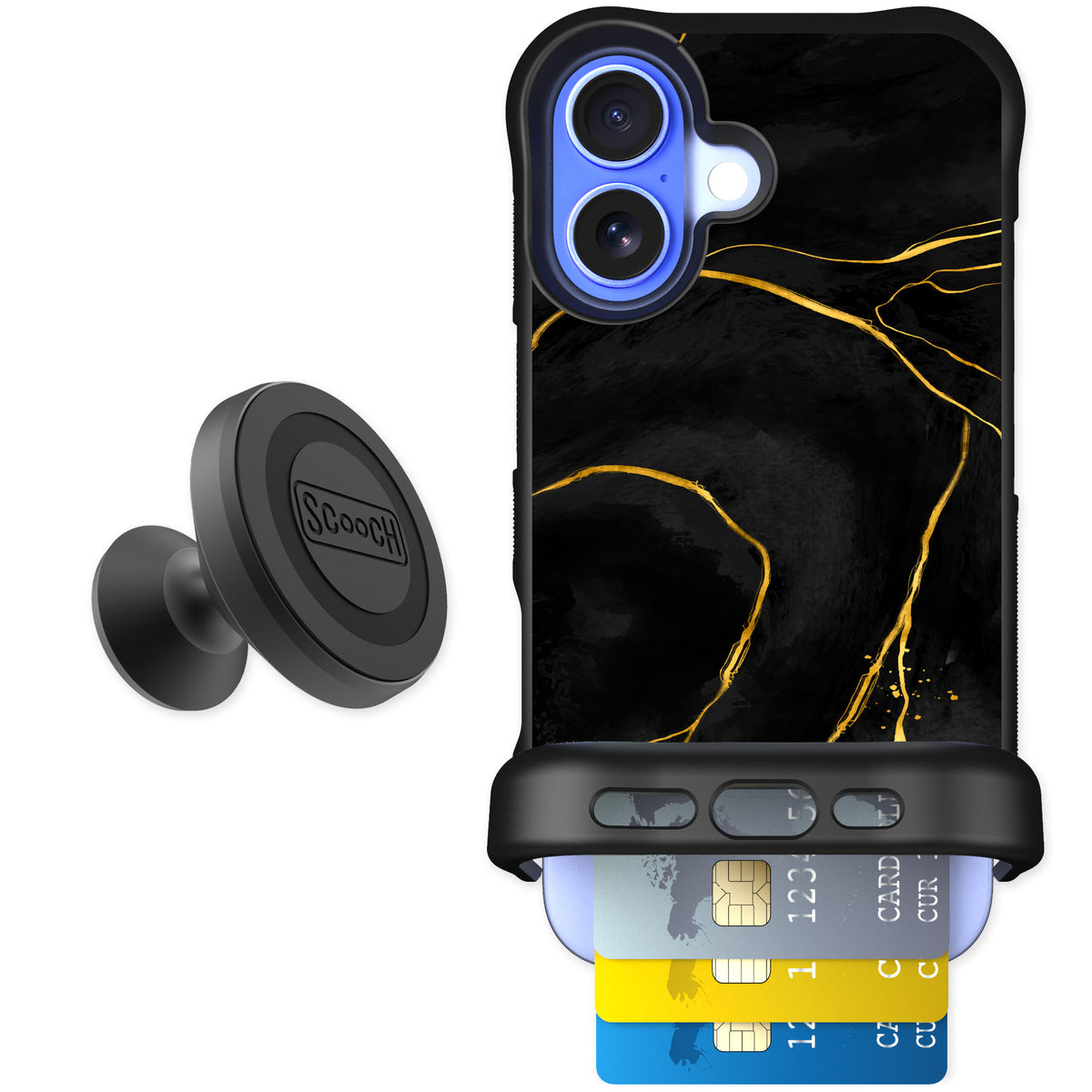 Scooch Wingmate Black Marble for iPhone 16 — Starter Bundle