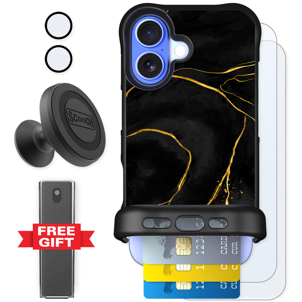 Scooch Wingmate Black Marble for iPhone 16 — Defender Bundle