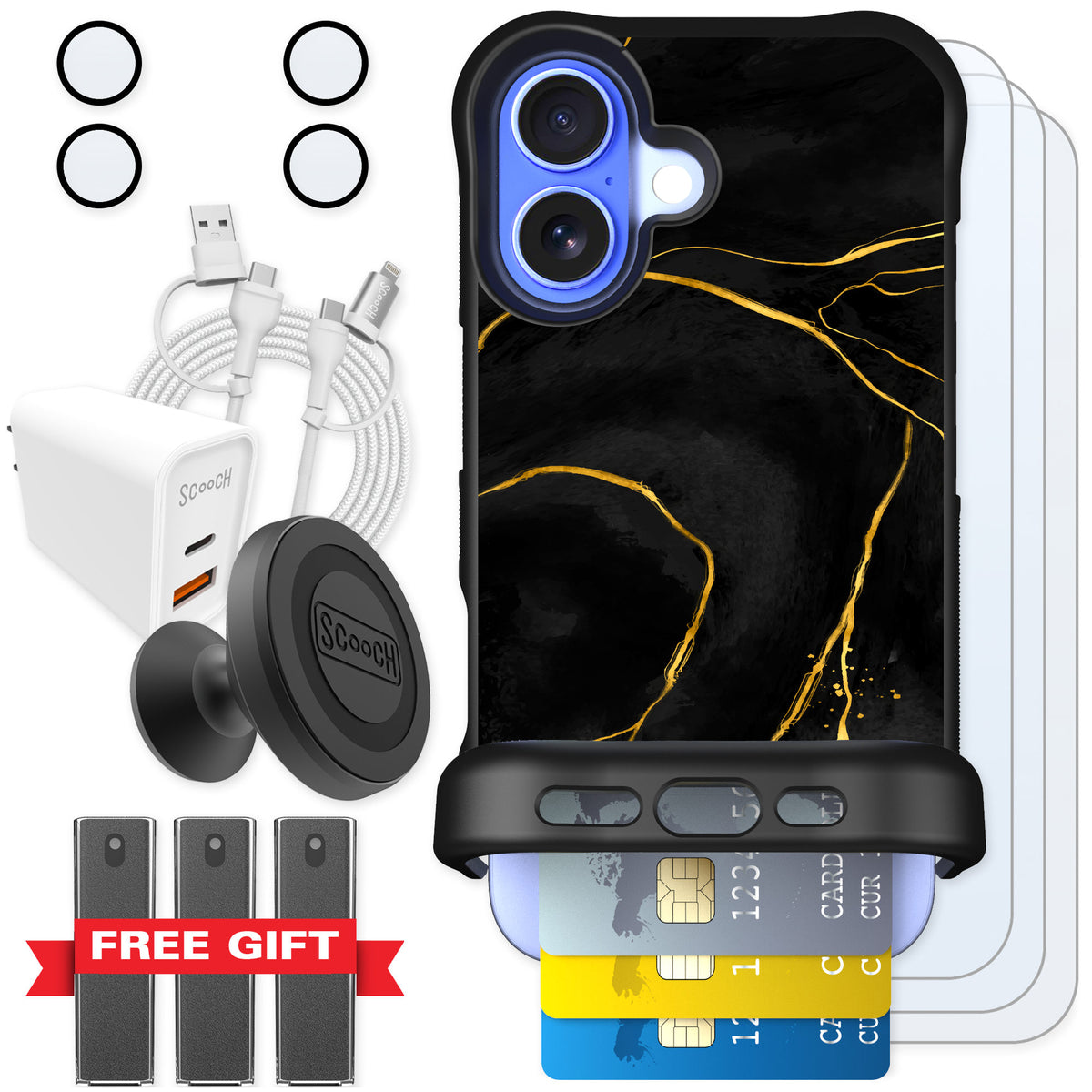 Scooch Wingmate Black Marble for iPhone 16 — Ultimate Bundle