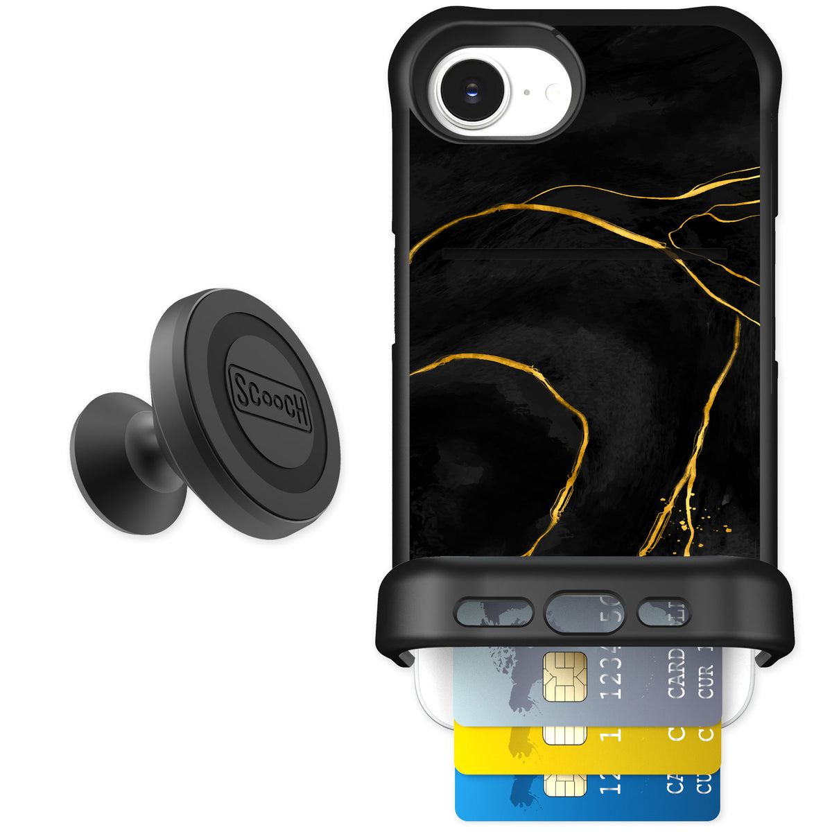 Scooch Wingmate Black Marble for iPhone 16e — Starter Bundle