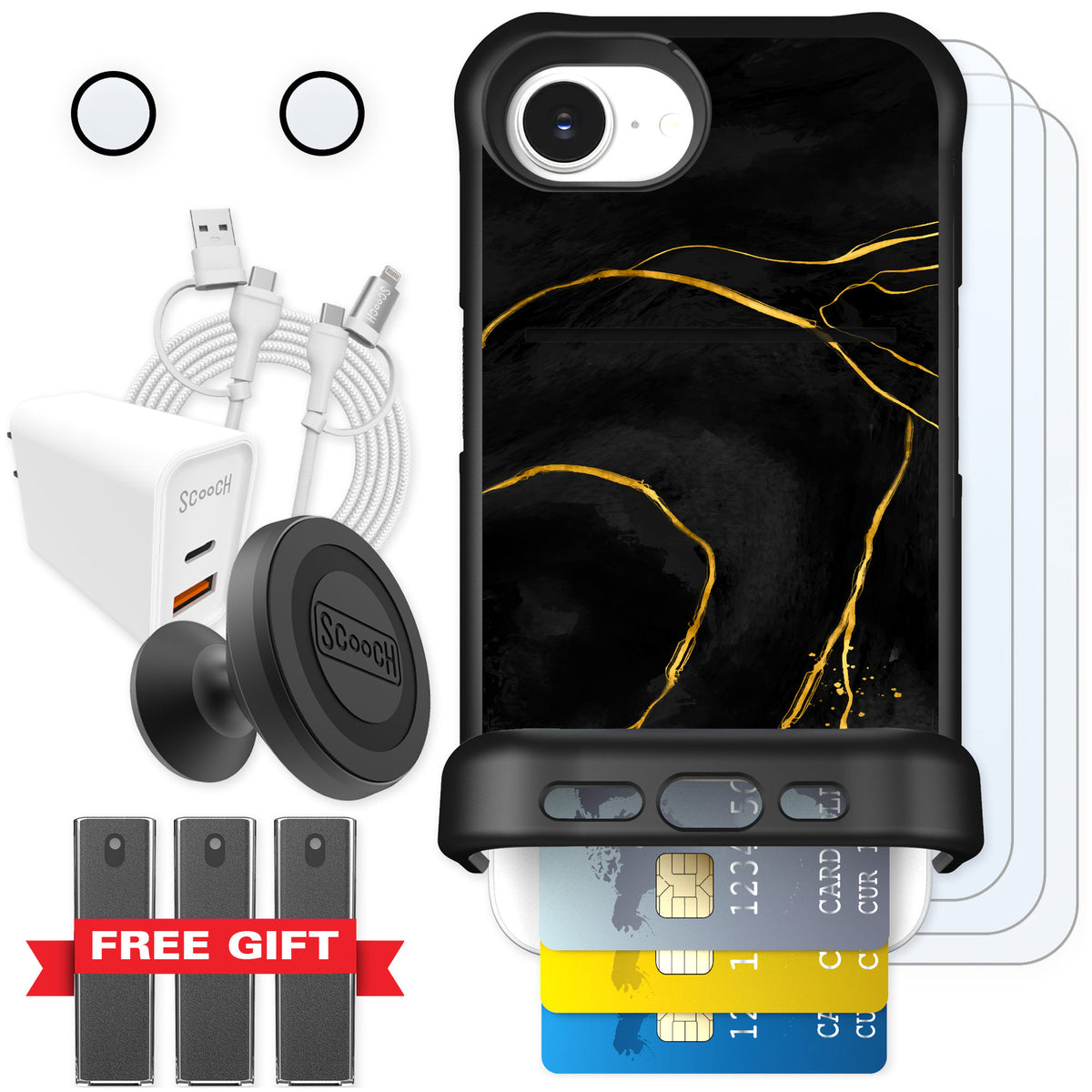 Scooch Wingmate Black Marble for iPhone 16e — Ultimate Bundle