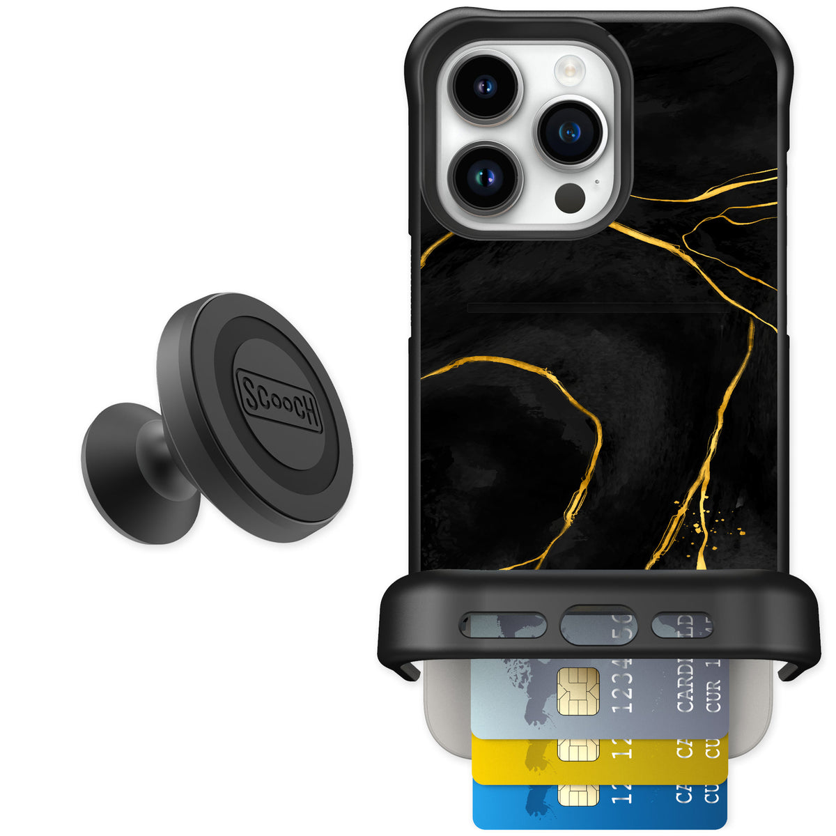 Scooch Wingmate Black Marble for iPhone 15 Pro Max — Starter Bundle