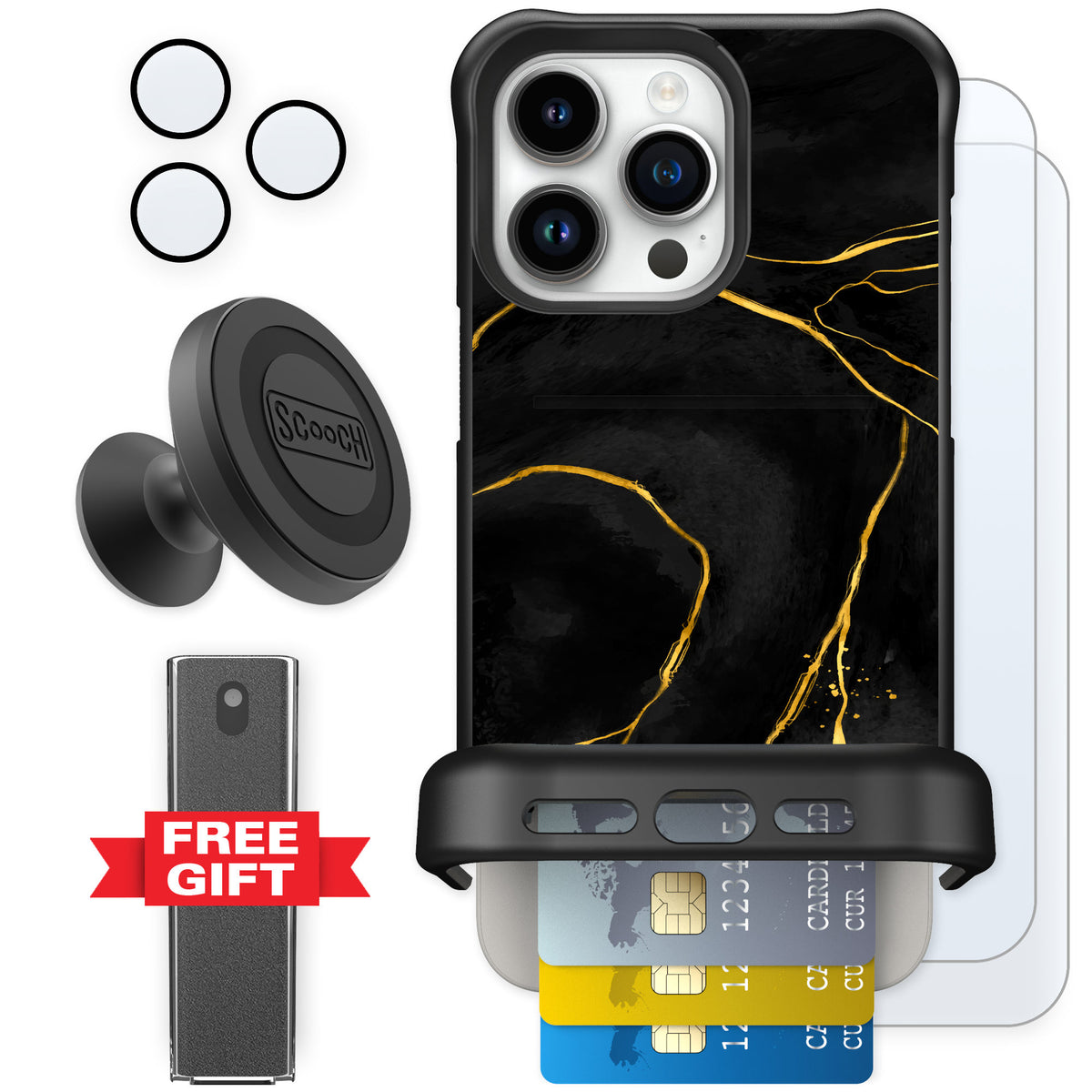 Scooch Wingmate Black Marble for iPhone 15 Pro Max — Defender Bundle