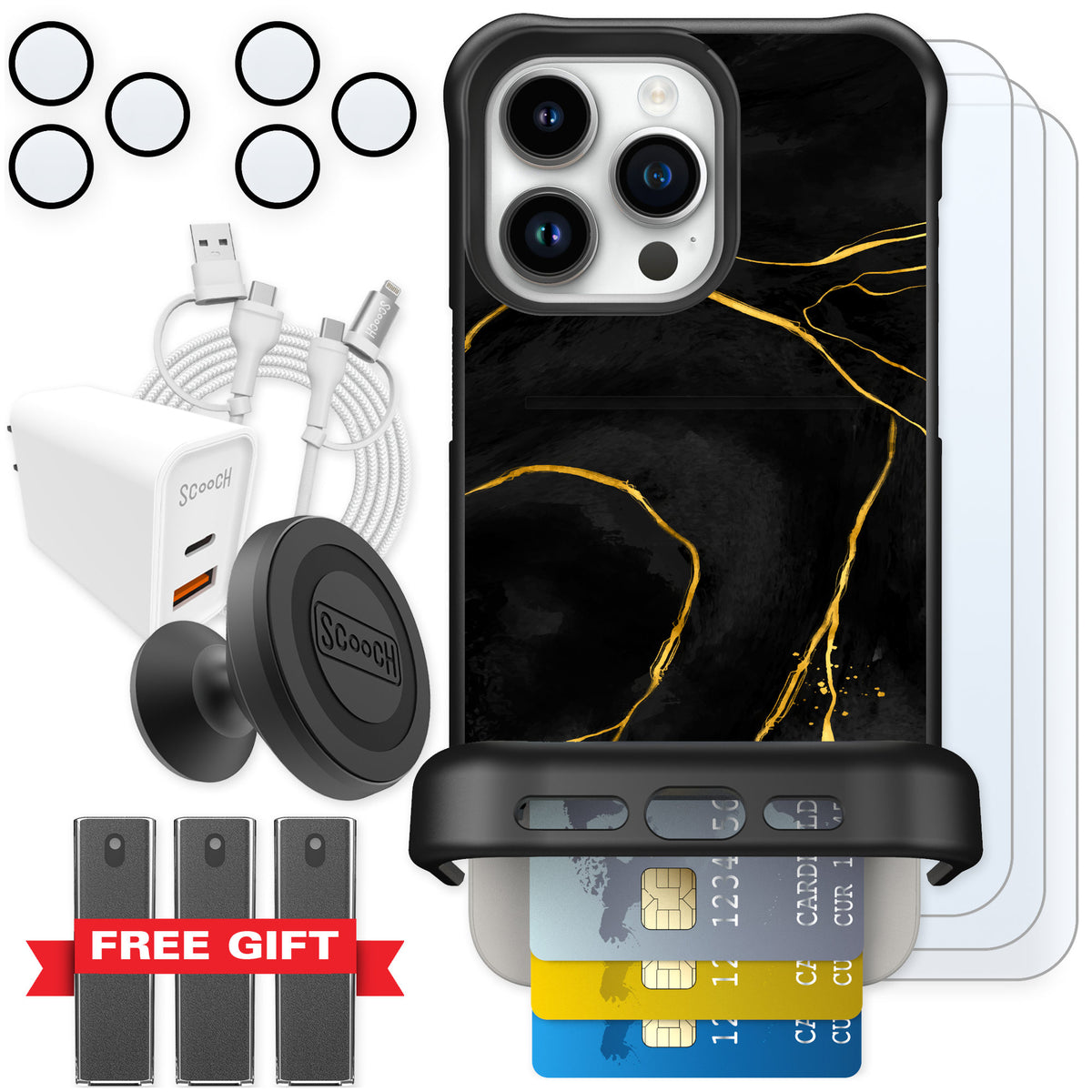Scooch Wingmate Black Marble for iPhone 15 Pro Max — Ultimate Bundle