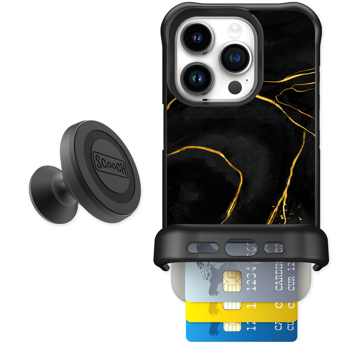 Scooch Wingmate Black Marble for iPhone 15 Pro — Starter Bundle