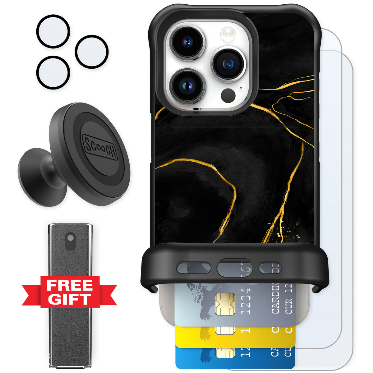Scooch Wingmate Black Marble for iPhone 15 Pro — Defender Bundle