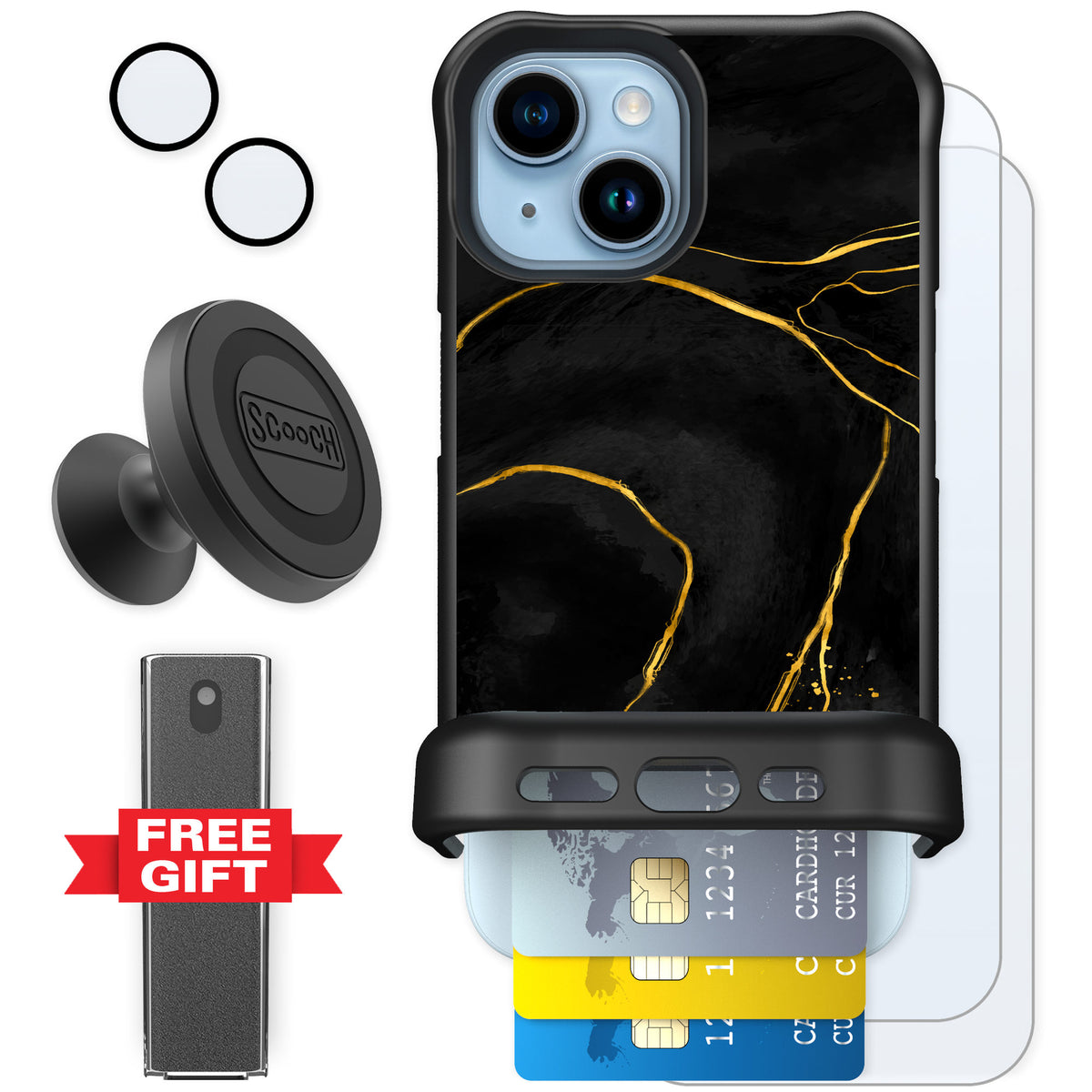 Scooch Wingmate Black Marble for iPhone 15 — Defender Bundle
