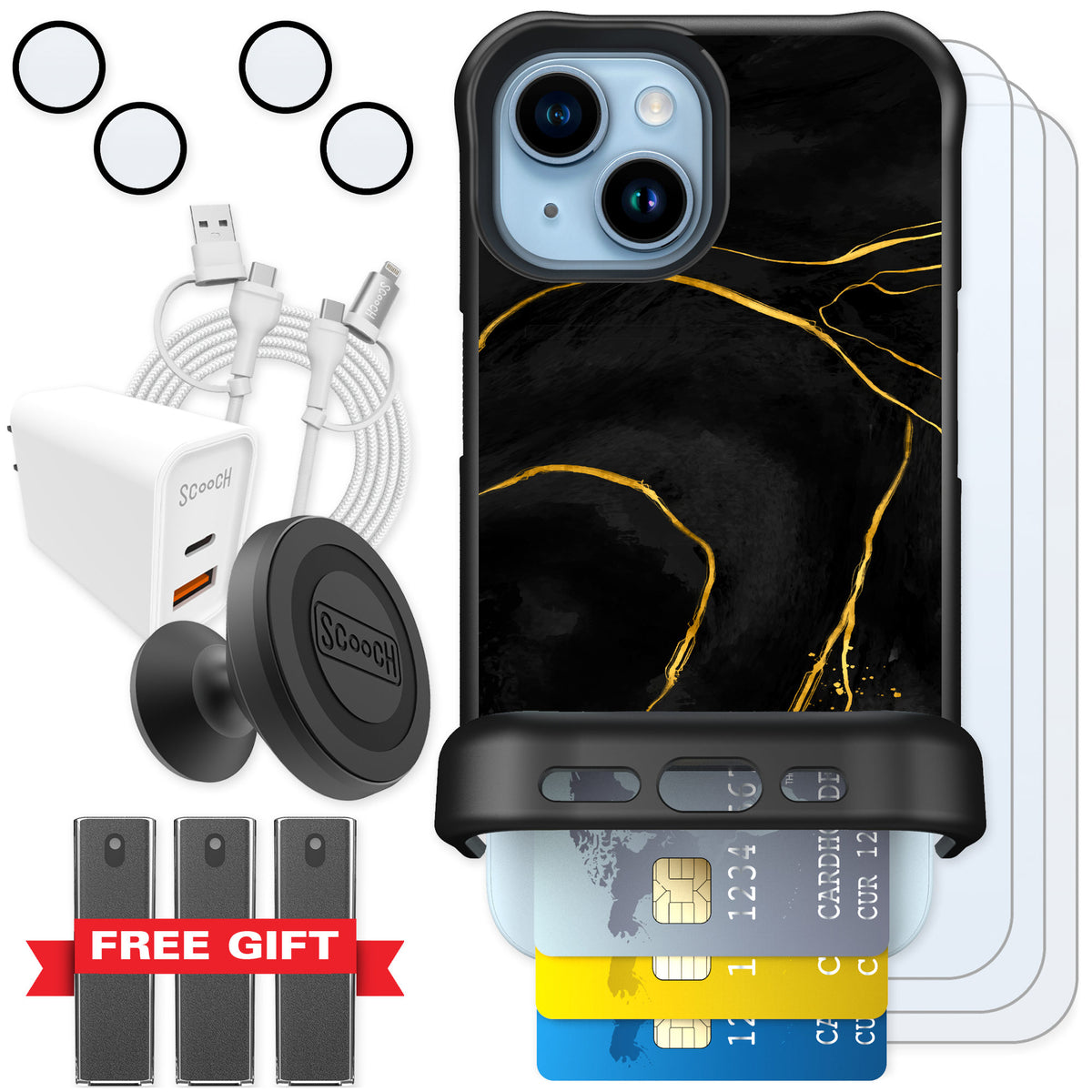Scooch Wingmate Black Marble for iPhone 15 — Ultimate Bundle