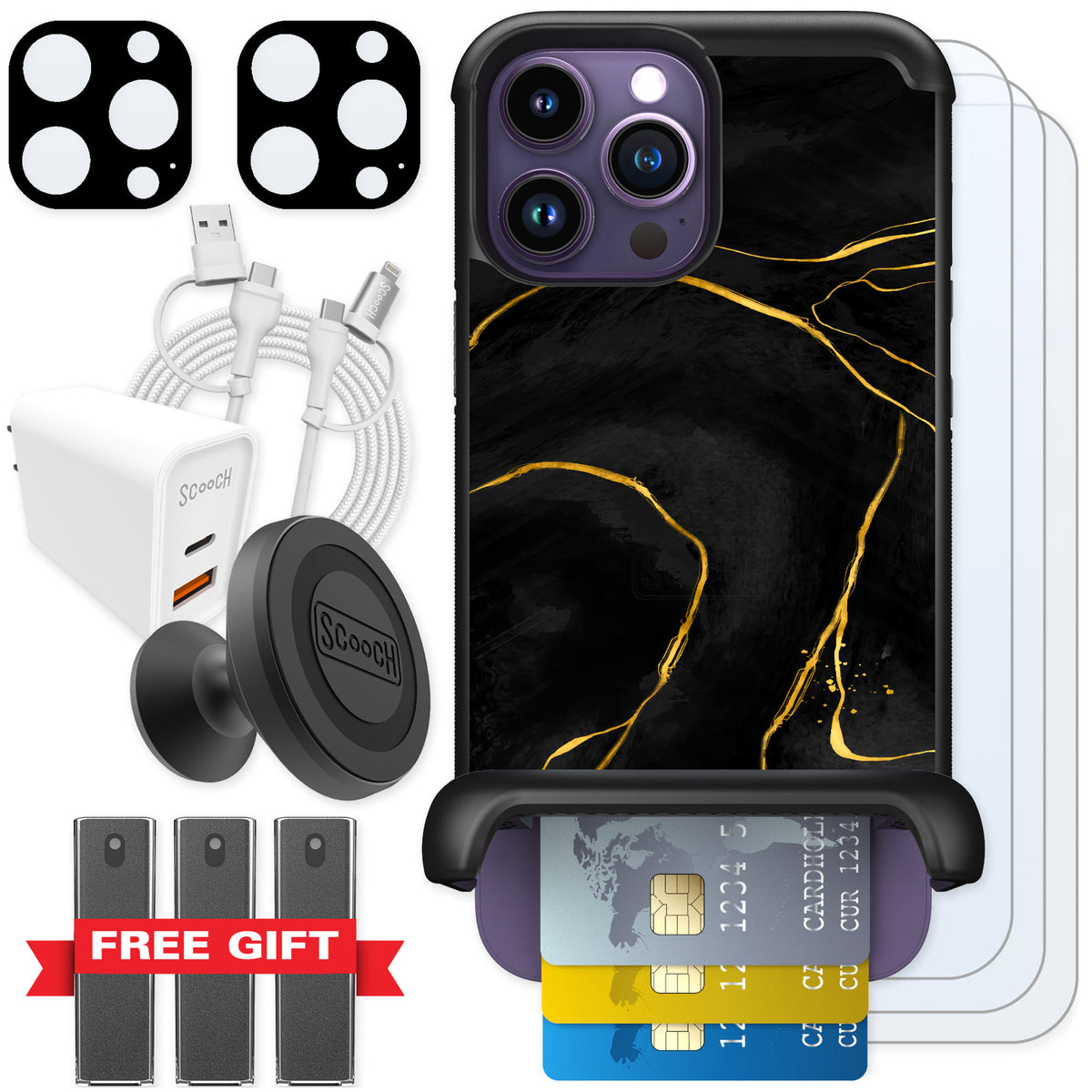 Scooch Wingmate Black Marble for iPhone 14 Pro Max — Ultimate Bundle