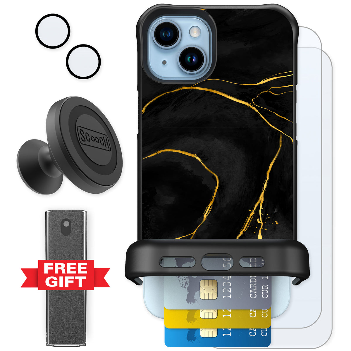 Scooch Wingmate Black Marble for iPhone 14 Plus — Defender Bundle