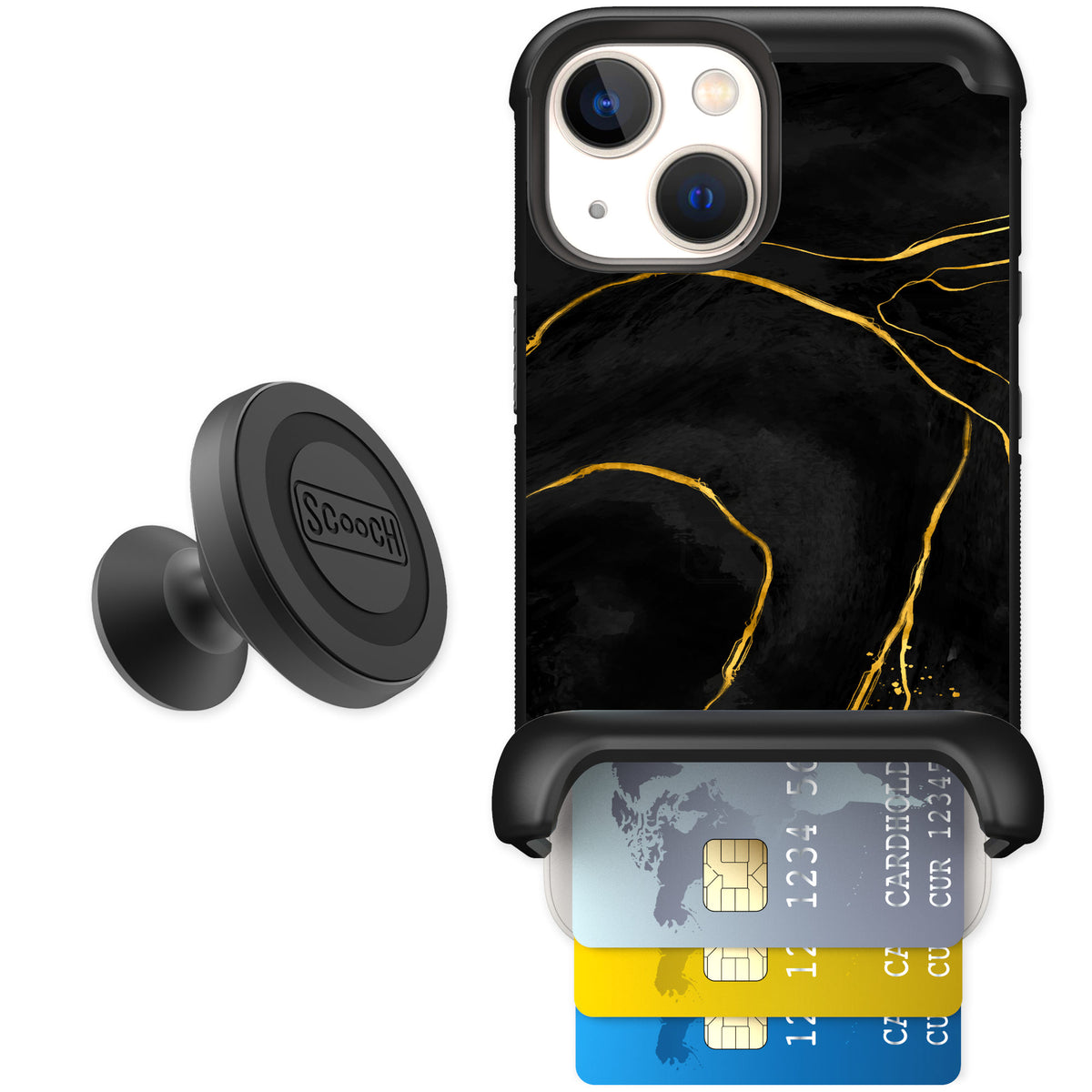 Scooch Wingmate Black Marble for iPhone 13 mini — Starter Bundle