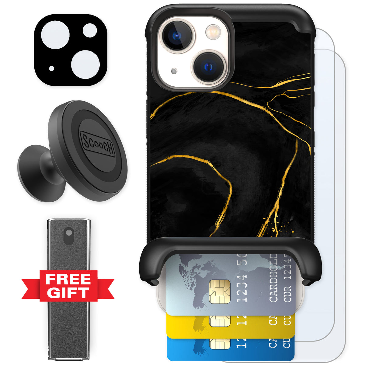 Scooch Wingmate Black Marble for iPhone 13 mini — Defender Bundle