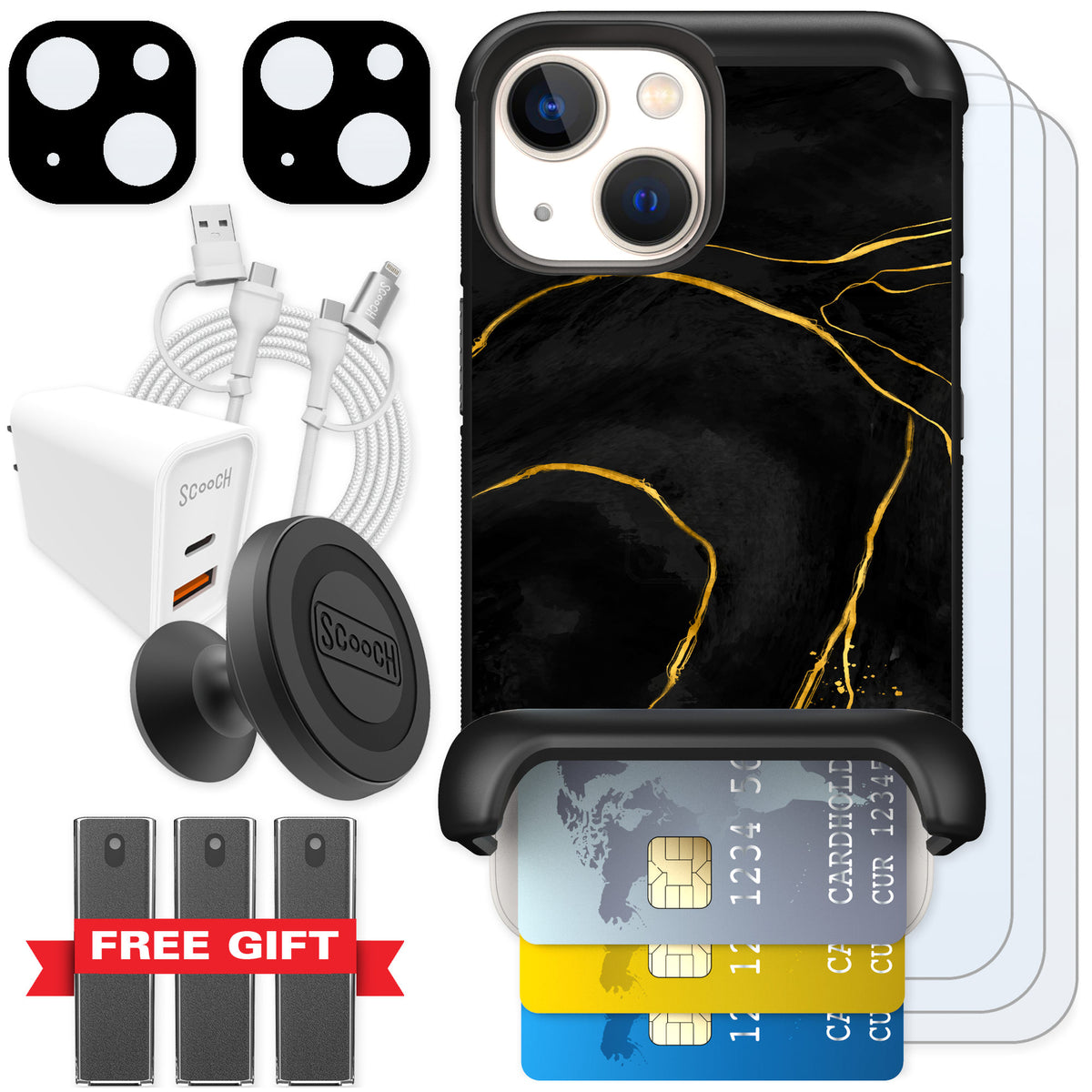 Scooch Wingmate Black Marble for iPhone 13 mini — Ultimate Bundle