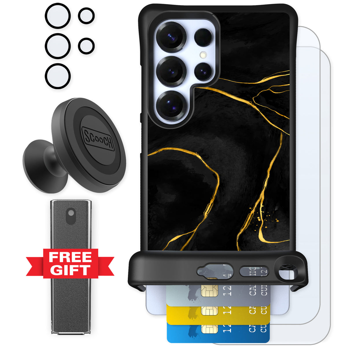 Scooch Wingmate Black Marble for Galaxy S25 Ultra — Defender Bundle