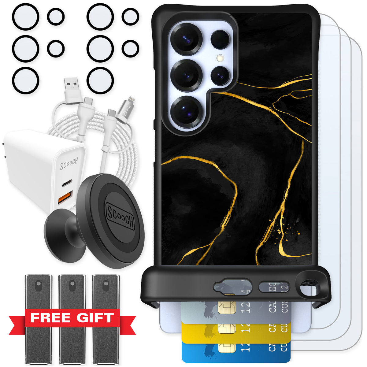 Scooch Wingmate Black Marble for Galaxy S25 Ultra — Ultimate Bundle