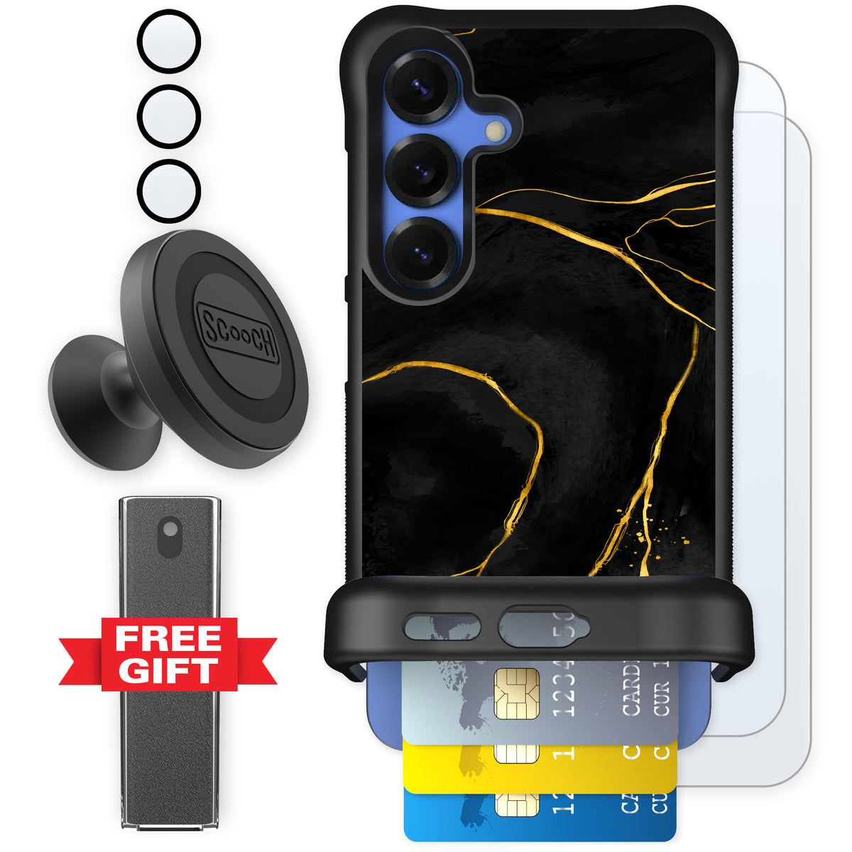 Scooch Wingmate Black Marble for Galaxy S25 — Defender Bundle