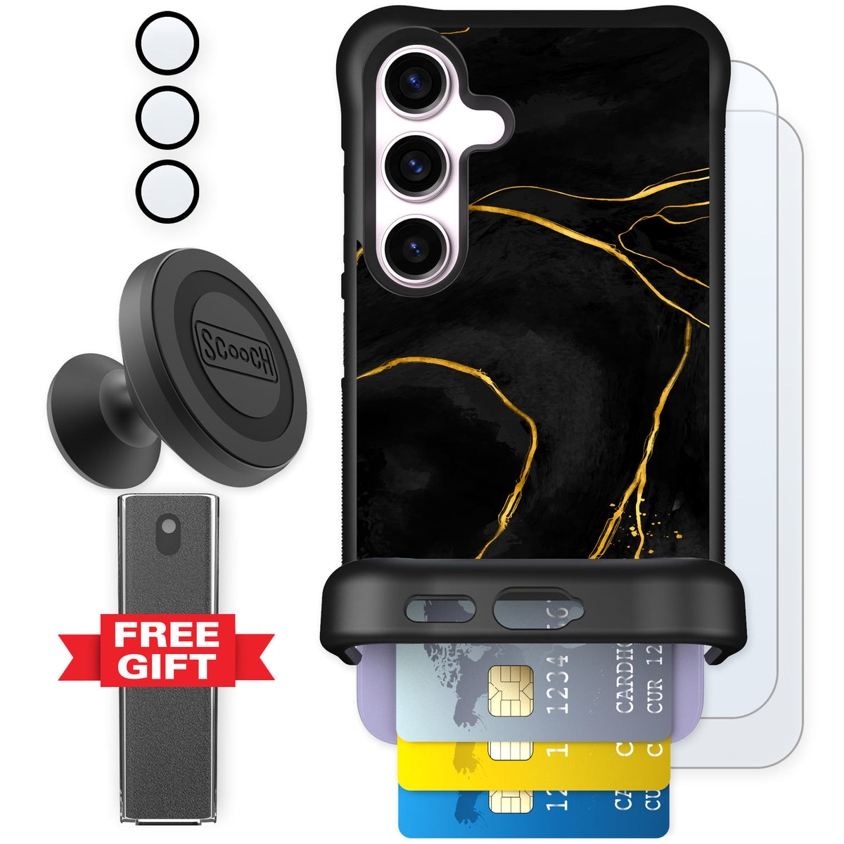 Scooch Wingmate Black Marble for Galaxy S24 — Defender Bundle