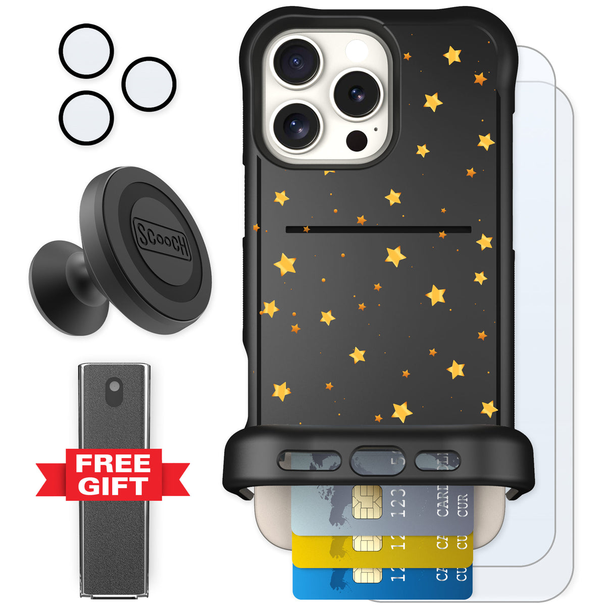 Scooch Wingmate Gold Stars for iPhone 16 Pro Max — Defender Bundle