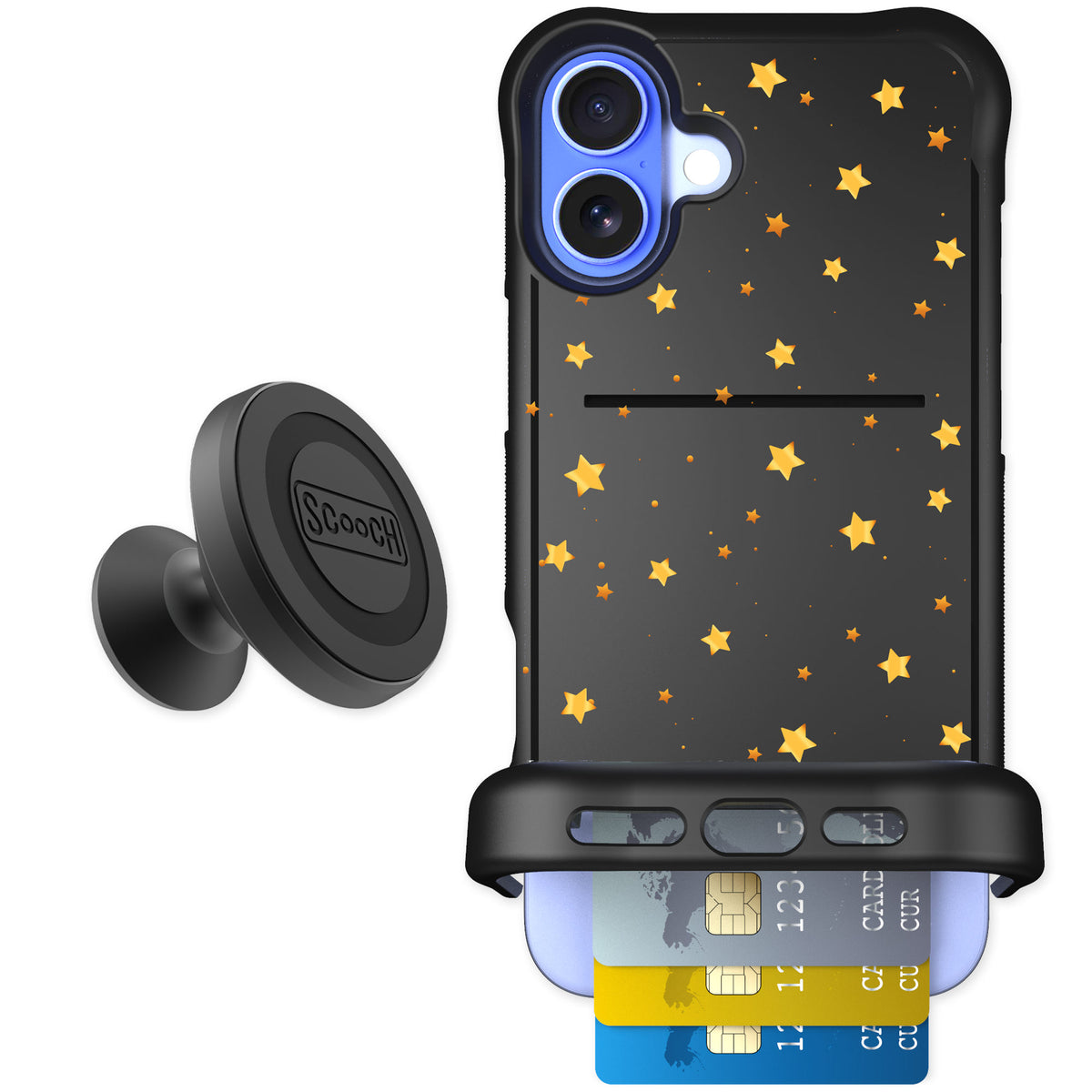 Scooch Wingmate Gold Stars for iPhone 16 Plus — Starter Bundle