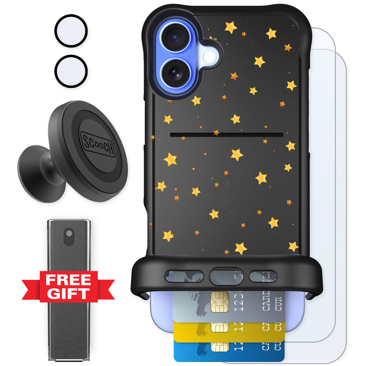 Scooch Wingmate Gold Stars for iPhone 16 Plus — Defender Bundle