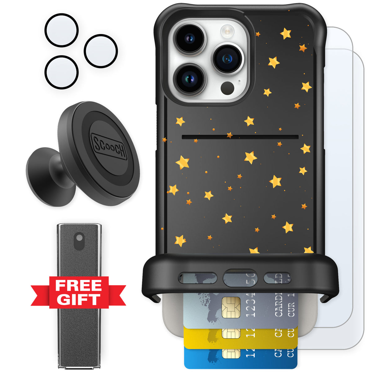 Scooch Wingmate Gold Stars for iPhone 15 Pro Max — Defender Bundle