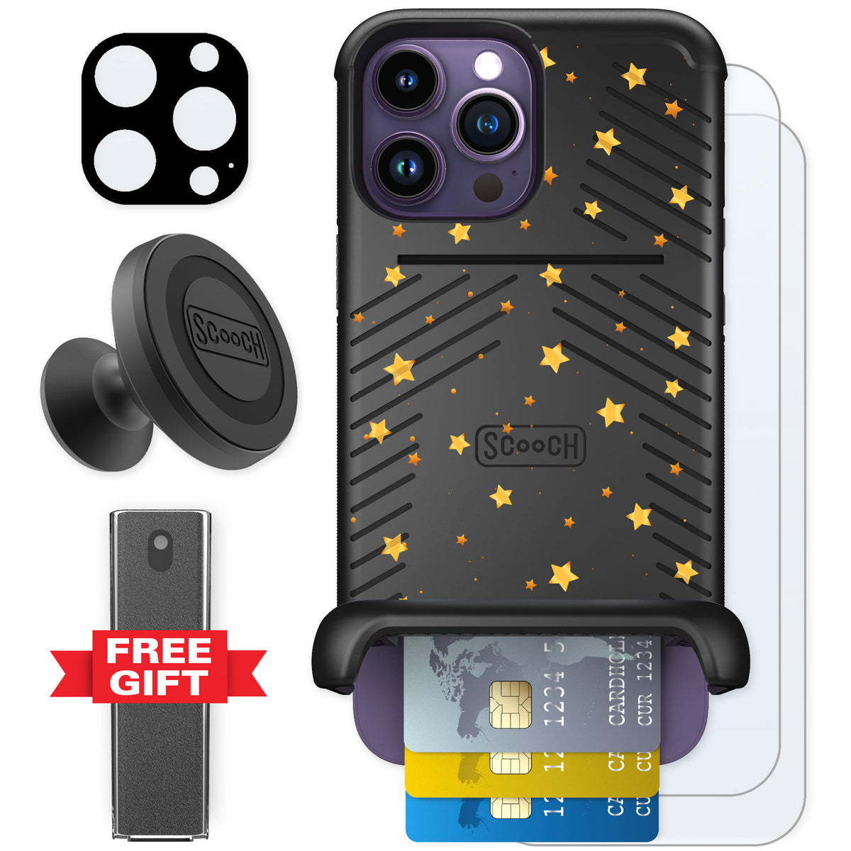 Scooch Wingmate Gold Stars for iPhone 14 Pro Max — Defender Bundle