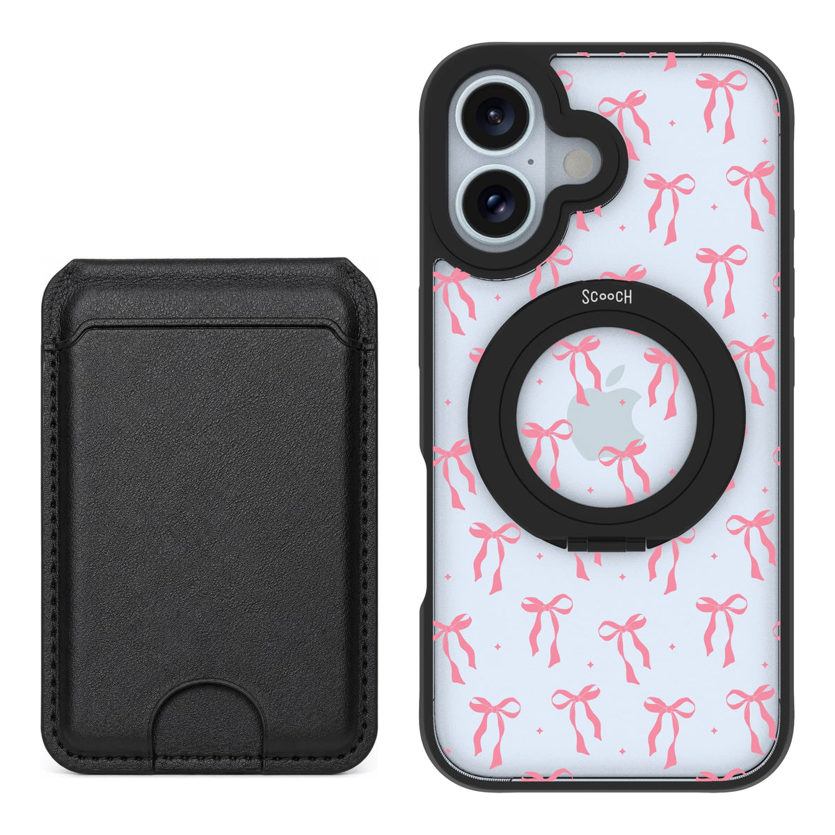 Scooch HaloCase Pink Bows for iPhone 16 with Black MagWallet