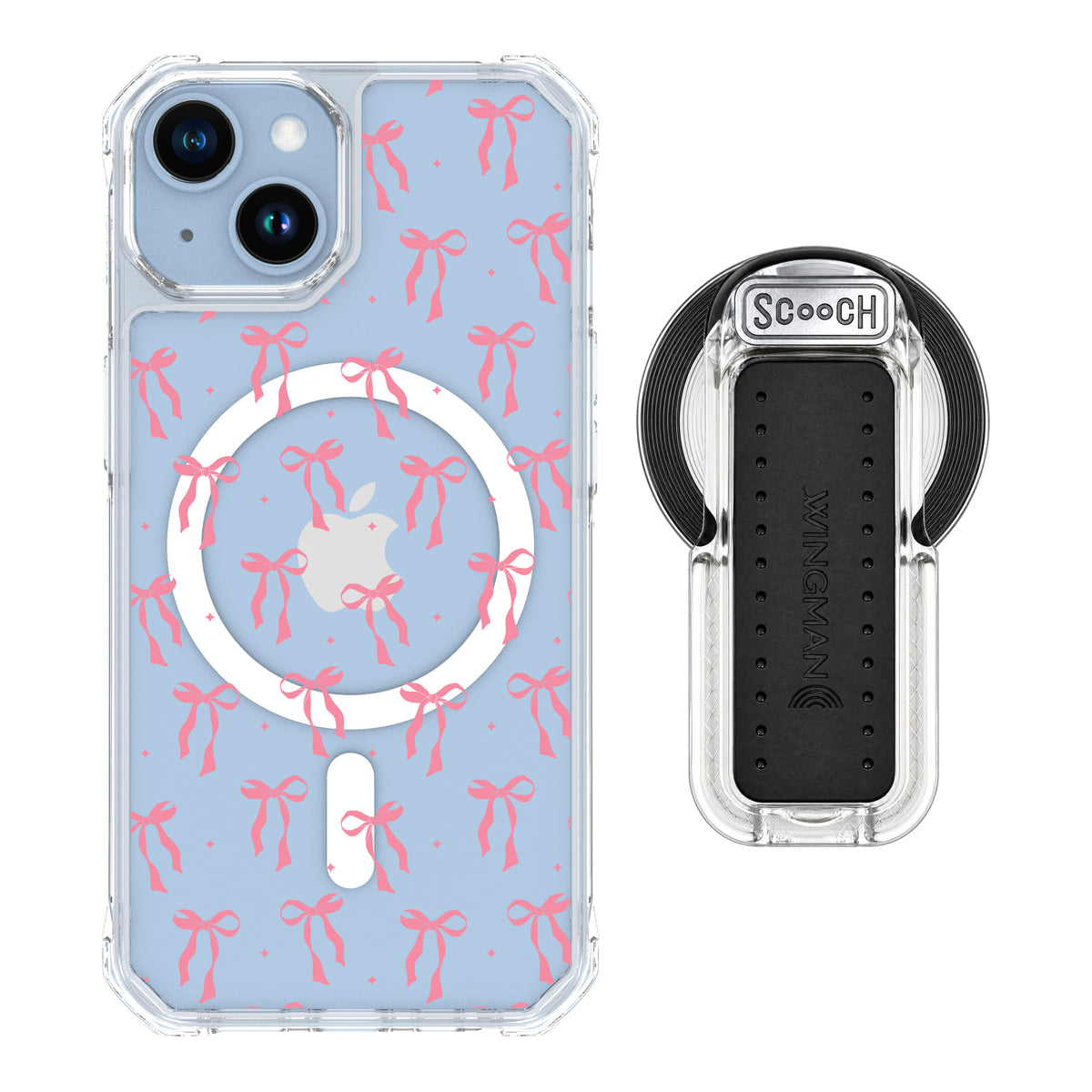 Scooch MagCase Pink Bows for iPhone 14 with MagSafe Wingback - Clear