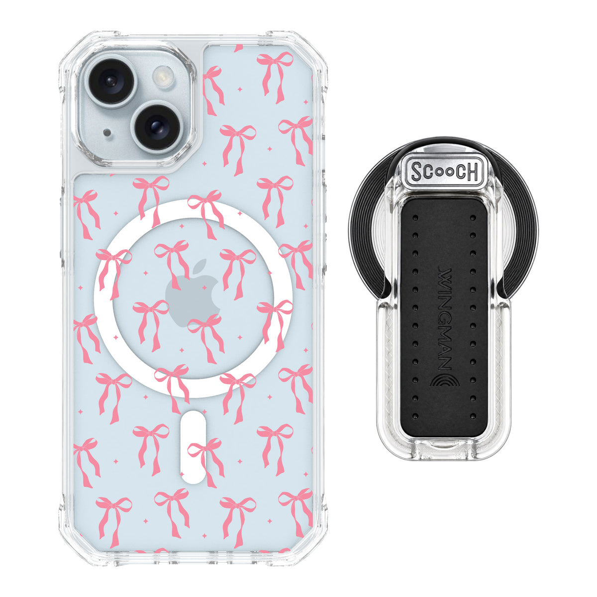 Scooch MagCase Pink Bows for iPhone 15 with MagSafe Wingback - Clear