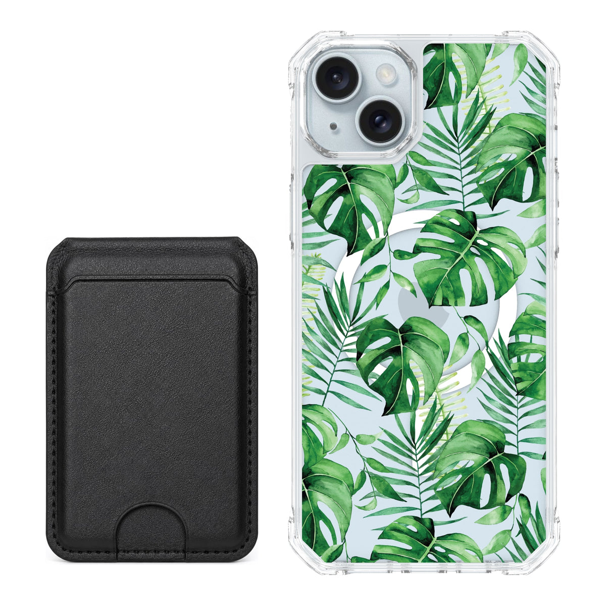 Scooch MagCase Monstera for iPhone 14 Plus and iPhone 15 Plus with Black MagWallet