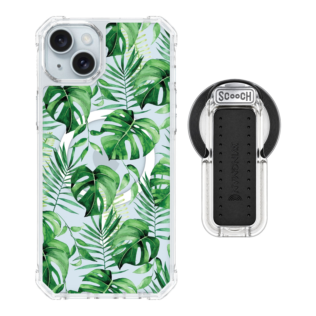 Scooch MagCase Monstera for iPhone 15 Plus and iPhone 14 Plus with MagSafe Wingback - Clear