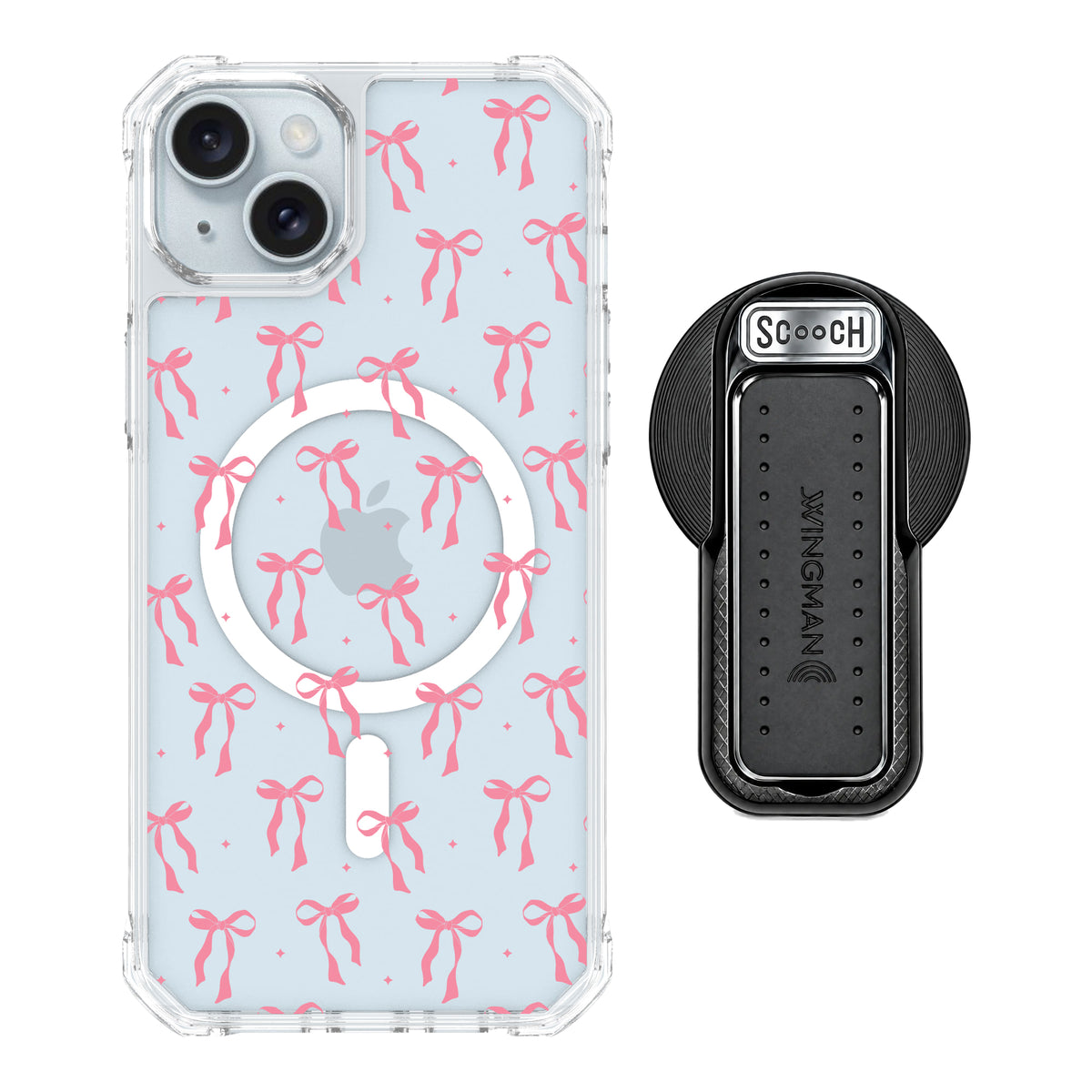 Scooch MagCase Pink Bows for iPhone 15 Plus and iPhone 14 Plus with MagSafe Wingback - Black