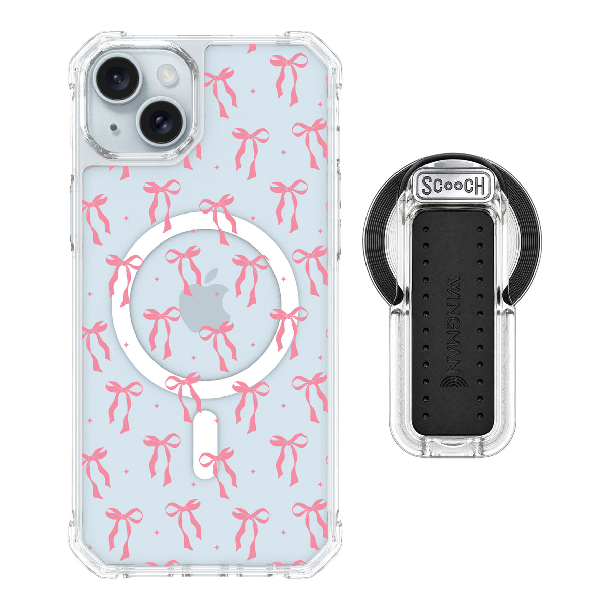 Scooch MagCase Pink Bows for iPhone 15 Plus and iPhone 14 Plus with MagSafe Wingback - Clear