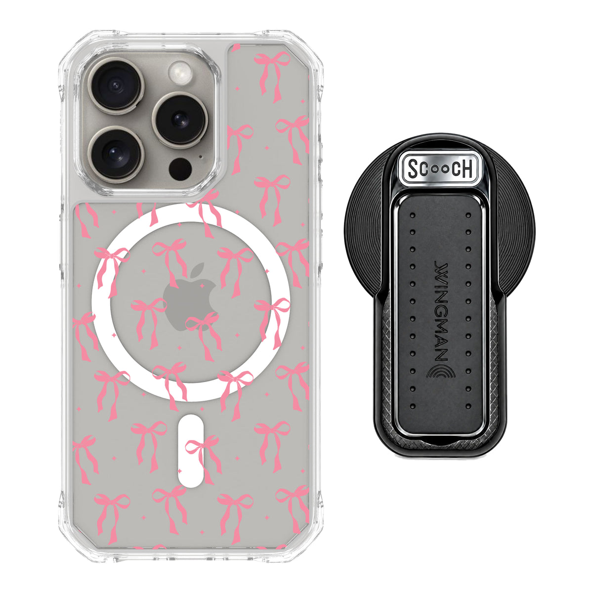 Scooch MagCase Pink Bows for iPhone 15 Pro with MagSafe Wingback - Black