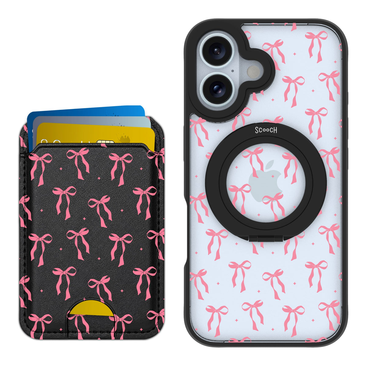 Scooch HaloCase Pink Bows for iPhone 16 with Matching MagWallet