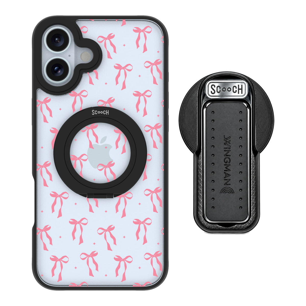 Scooch HaloCase Pink Bows for iPhone 16 Plus with MagSafe Wingback - Black