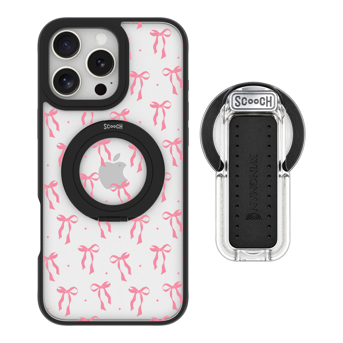 Scooch HaloCase Pink Bows for iPhone 16 Pro Max with MagSafe Wingback - Clear