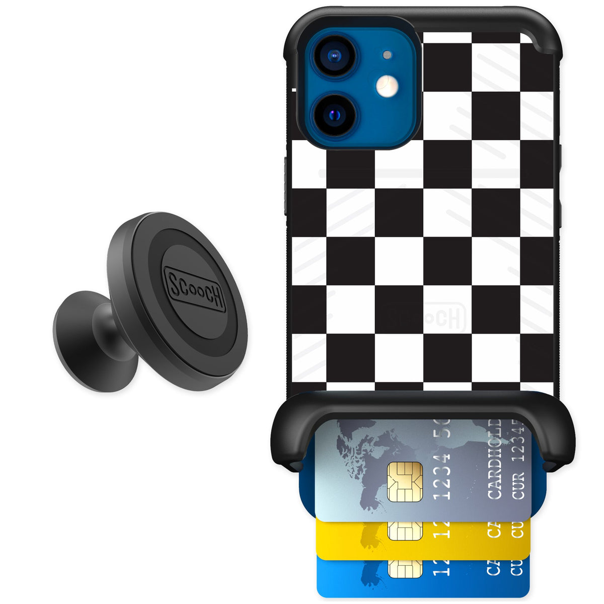 Scooch Wingmate Checkered for iPhone 12 mini — Starter Bundle