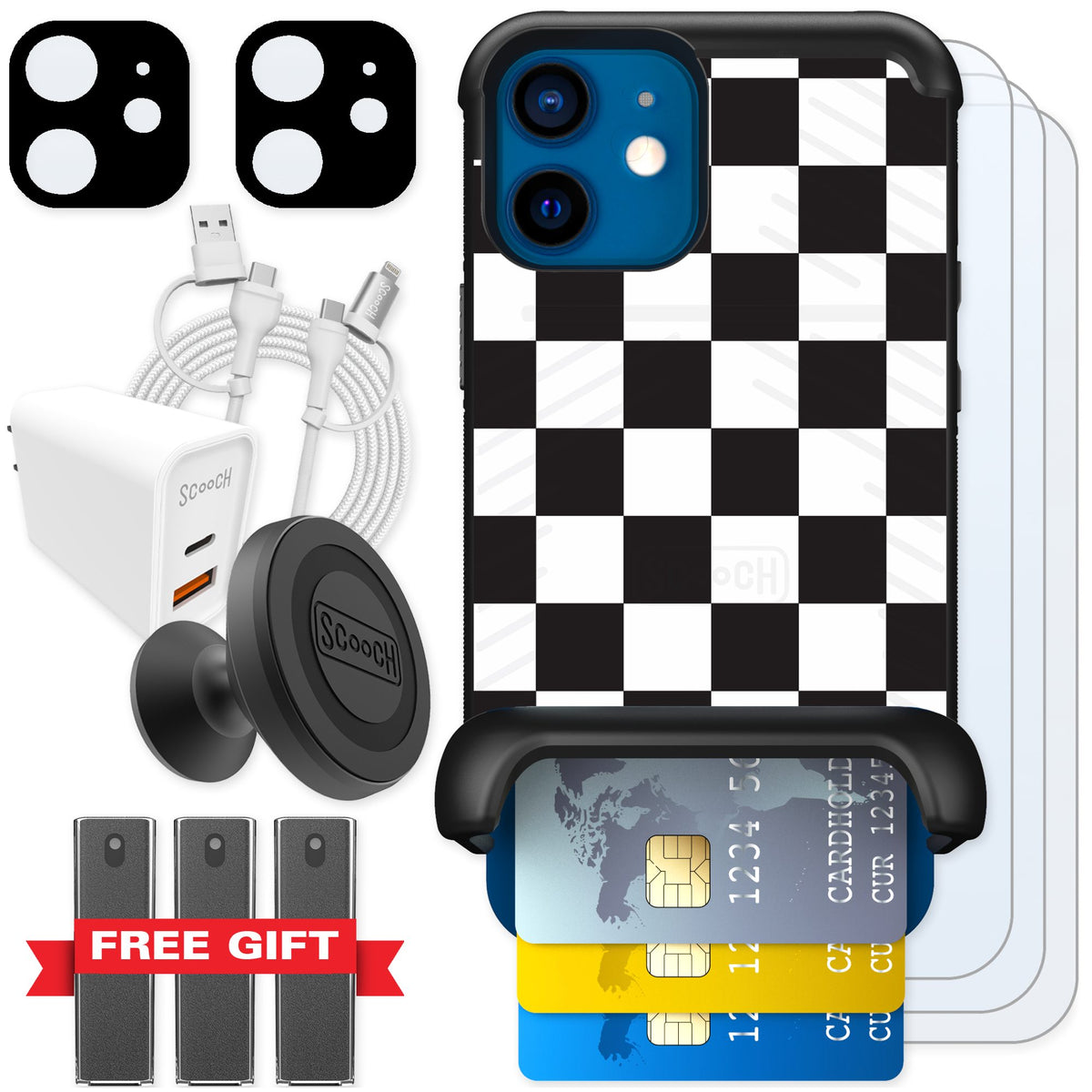 Scooch Wingmate Checkered for iPhone 12 mini — Ultimate Bundle