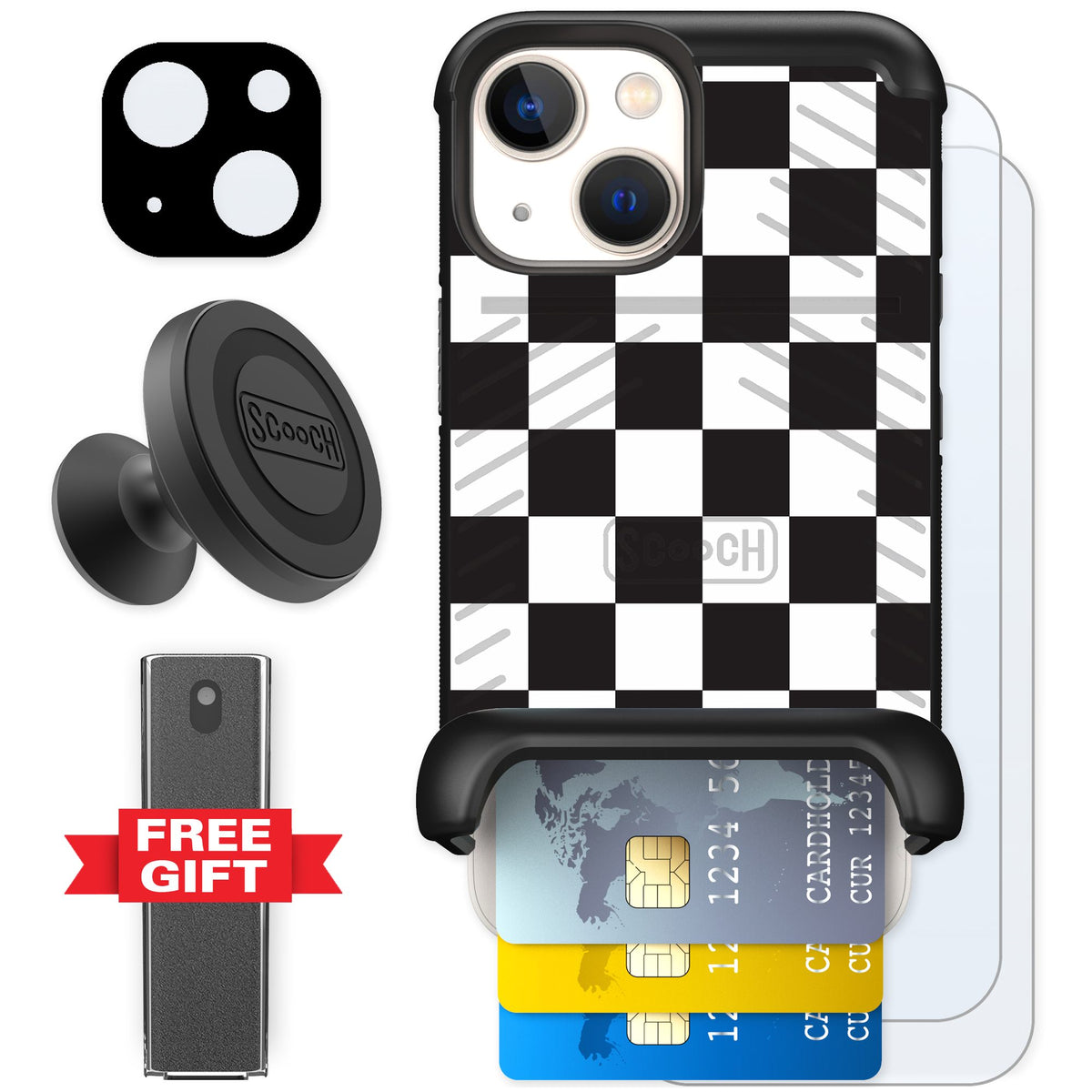 Scooch Wingmate Checkered for iPhone 13 mini — Defender Bundle